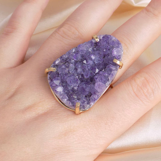 Raw Amethyst Ring Gold Adjustable, Large Purple Crystal Ring, Boho Statement Jewelry, February Birthstone Ring, G14-767
