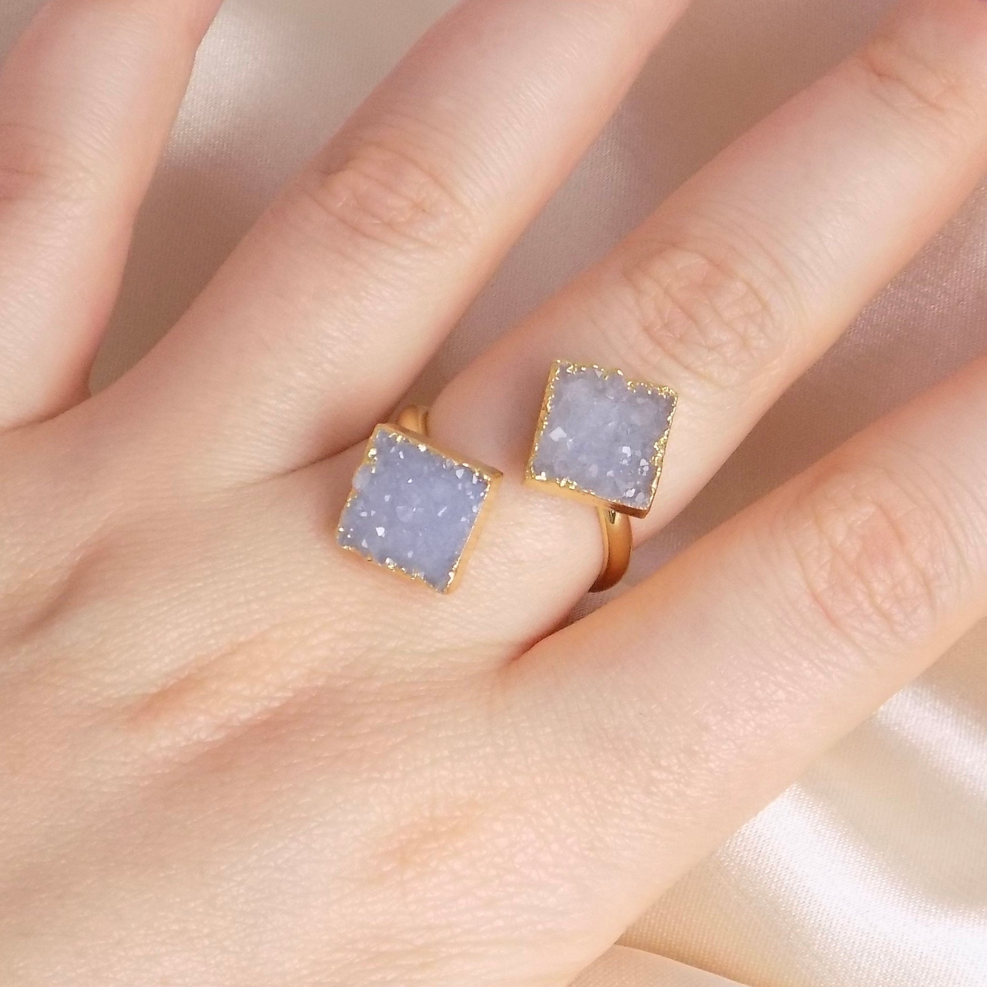 Gray Druzy Ring Gold Plated Adjustable, Minimalist Crystal Rings For Women, M7-22