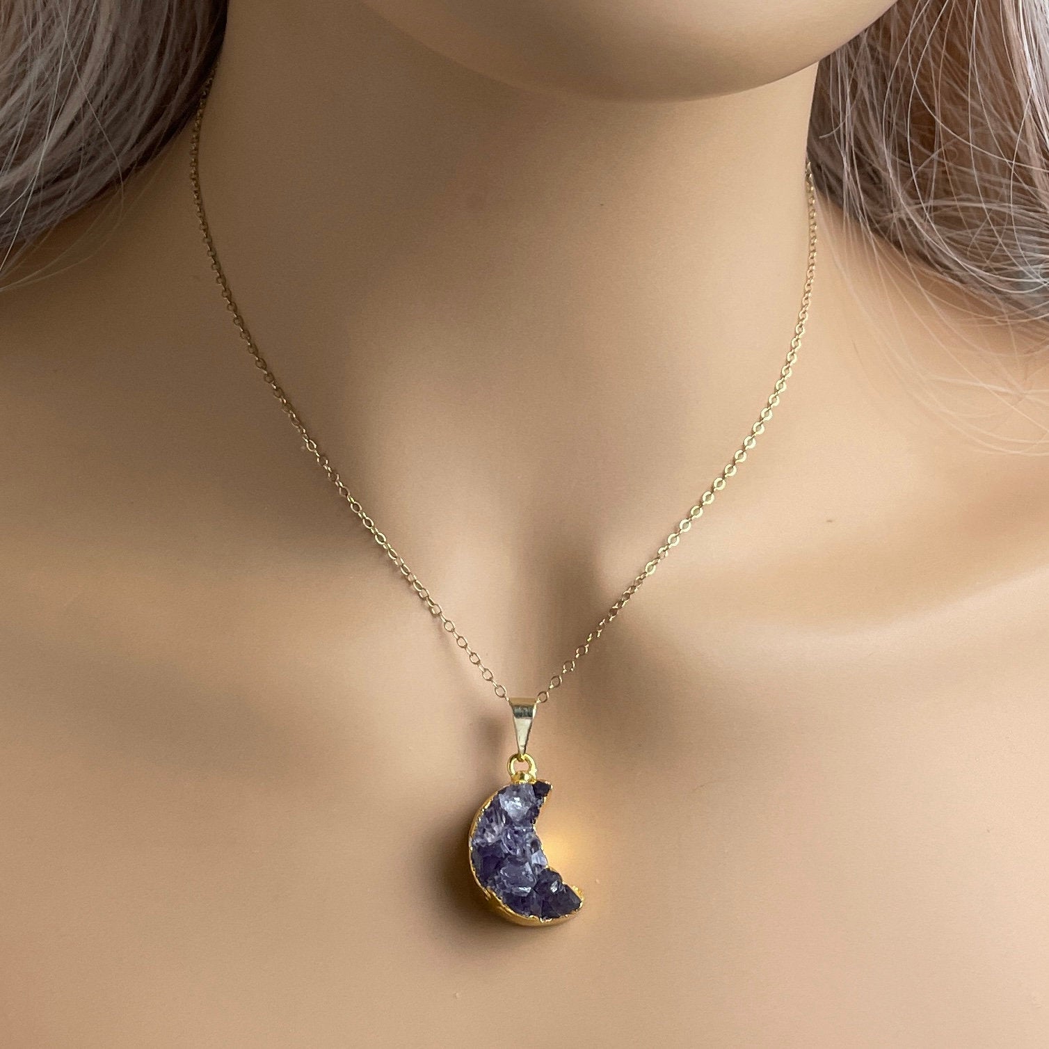 Amethyst Moon Necklace Gold, Crescent Moon Pendant, Purple Druzy Charm, Gifts For Women, R14-51