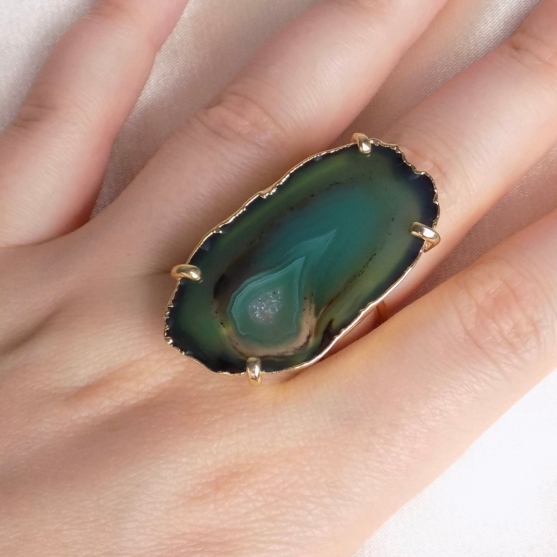 Green Agate Slice Ring Statement, Boho Large Geode Ring, Raw Crystal Ring Gold Adjustable, G15-81