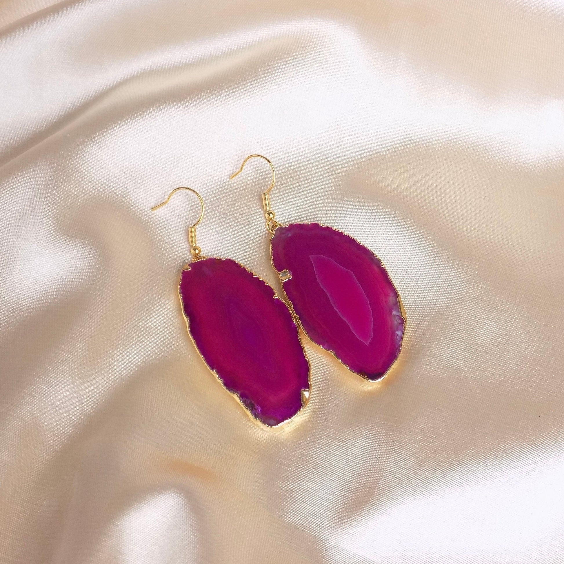 Pink Agate Statement Earrings Gold, Sliced Geode Earrings, Unique Boho Crystal Gifts Women, G15-85