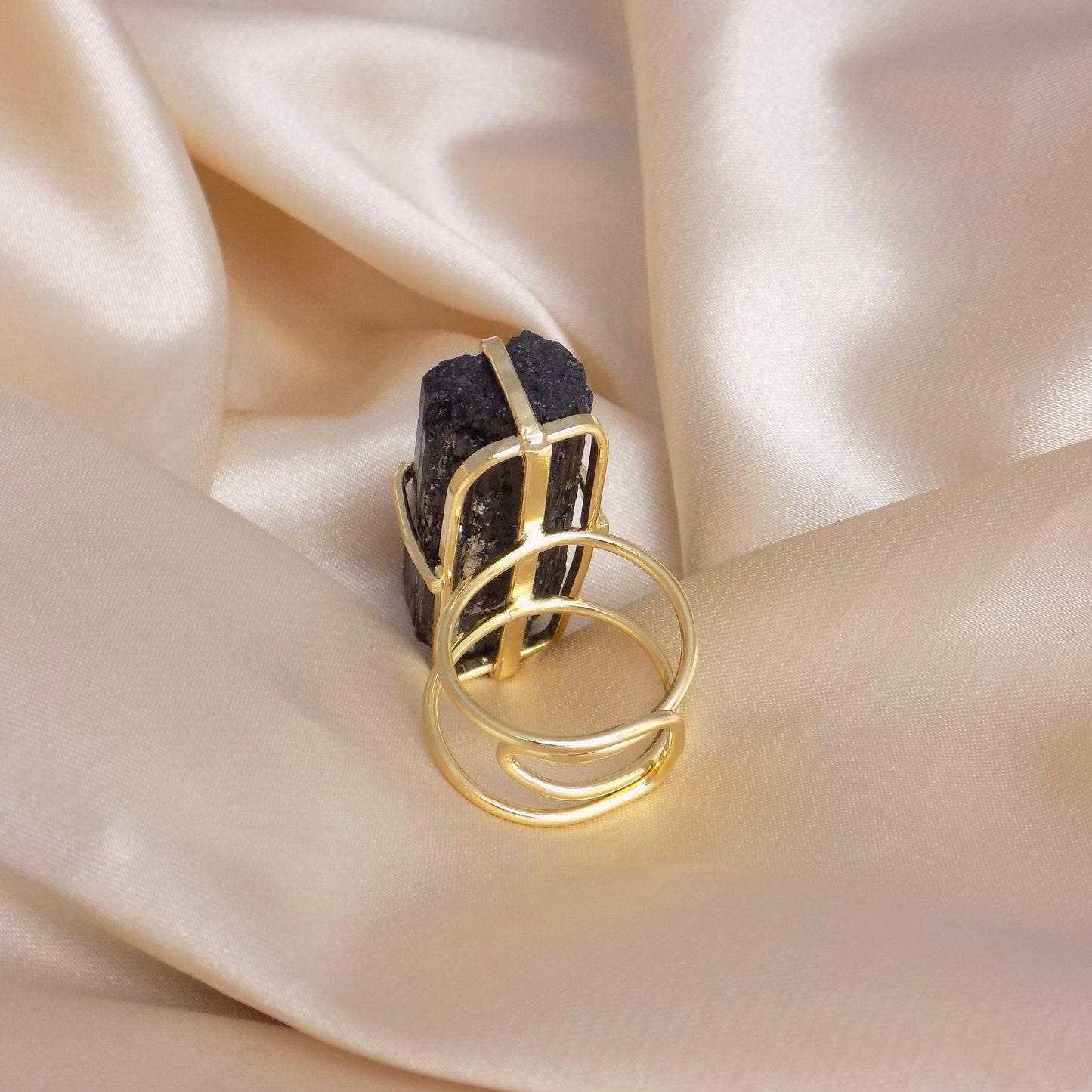 Raw Black Tourmaline Ring Gold Adjustable, Large Black Stone Statement Ring, Mothers Gifts For Her, G15-87