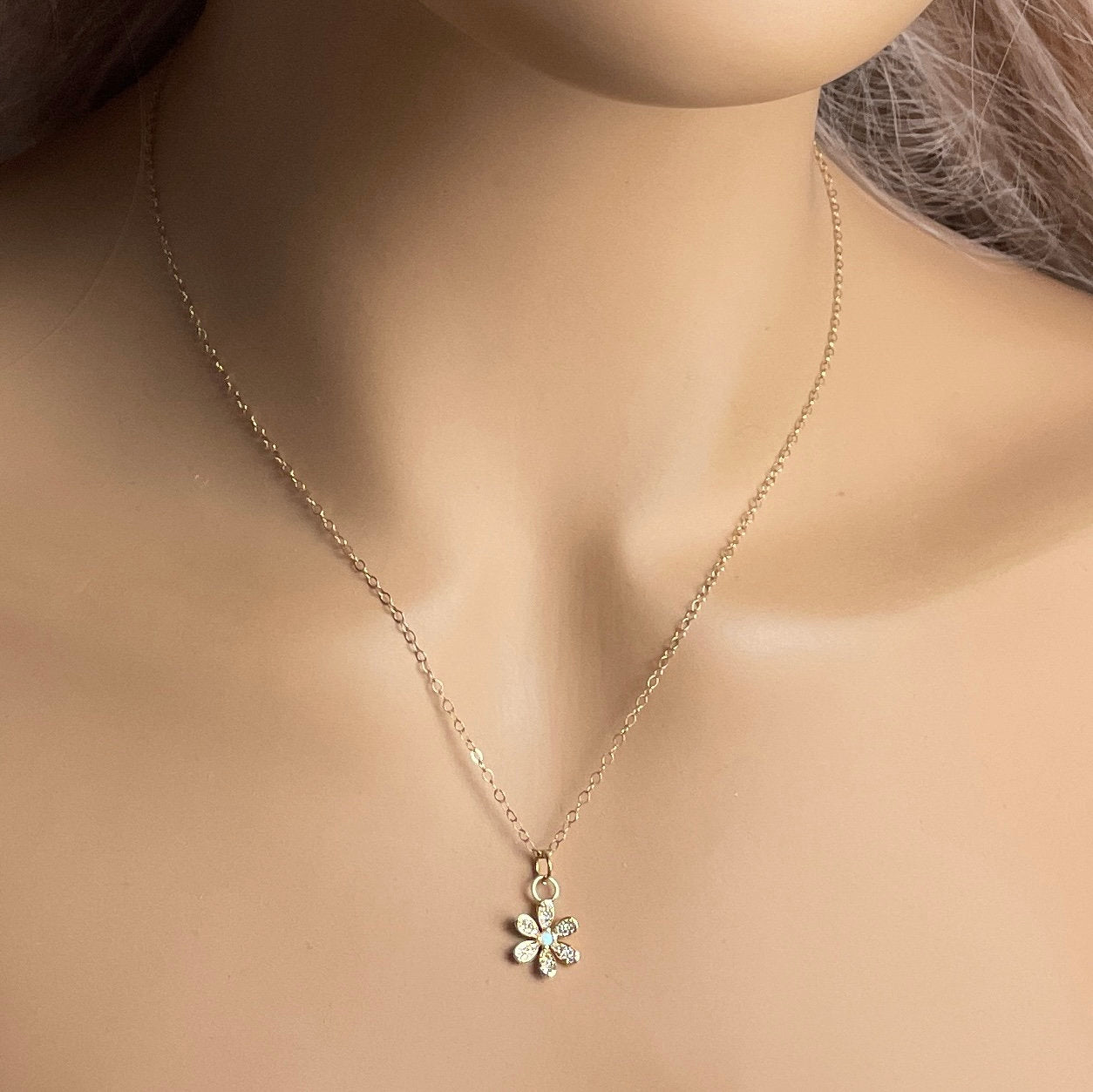 Opal Flower Charm Necklace Gold, Minimalist Cubic Zirconia Pendant For Women, M7-31