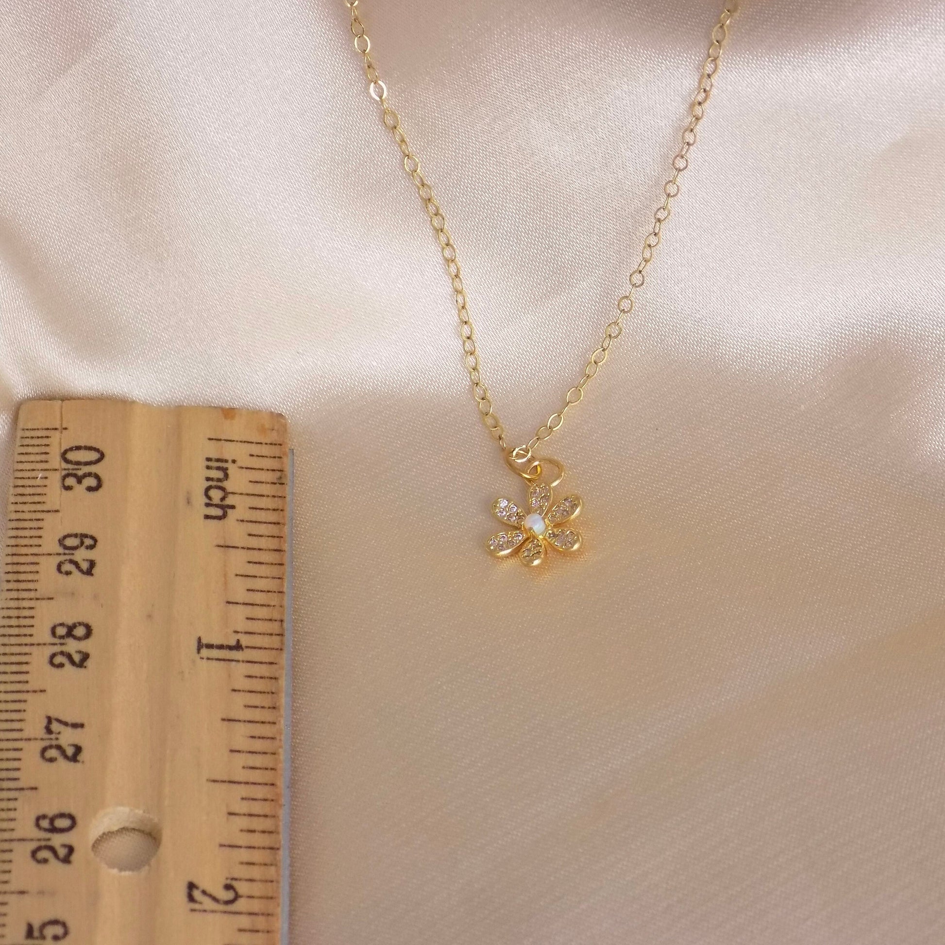 Opal Flower Charm Necklace Gold, Minimalist Cubic Zirconia Pendant For Women, M7-31