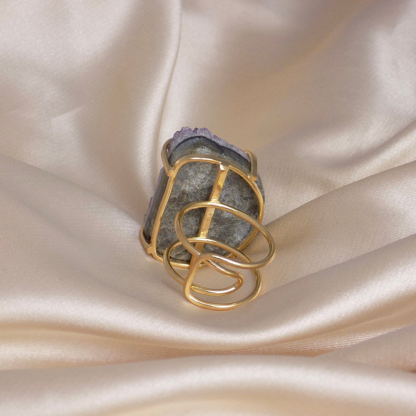 Large Amethyst Ring Gold, Natural Purple Druzy Gemstone, Boho Crystal Cocktail Rings For Women, G15-90