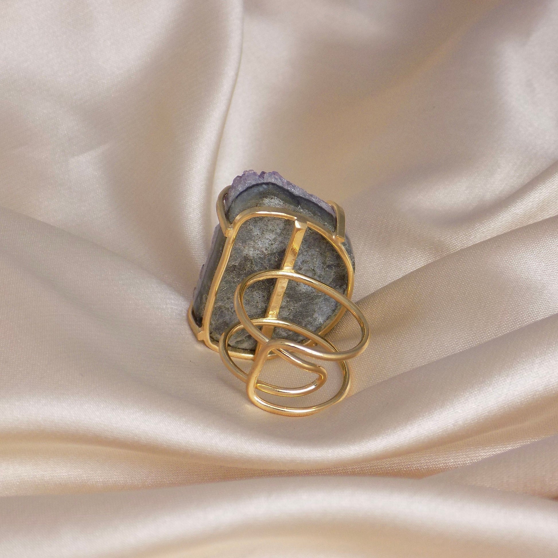 Large Amethyst Ring Gold, Natural Purple Druzy Gemstone, Boho Crystal Cocktail Rings For Women, G15-90