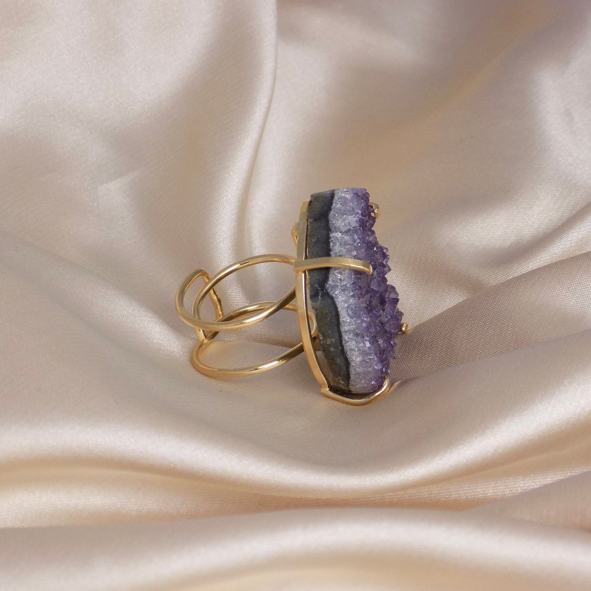 Large Amethyst Ring Gold, Natural Purple Druzy Gemstone, Boho Crystal Cocktail Rings For Women, G15-90
