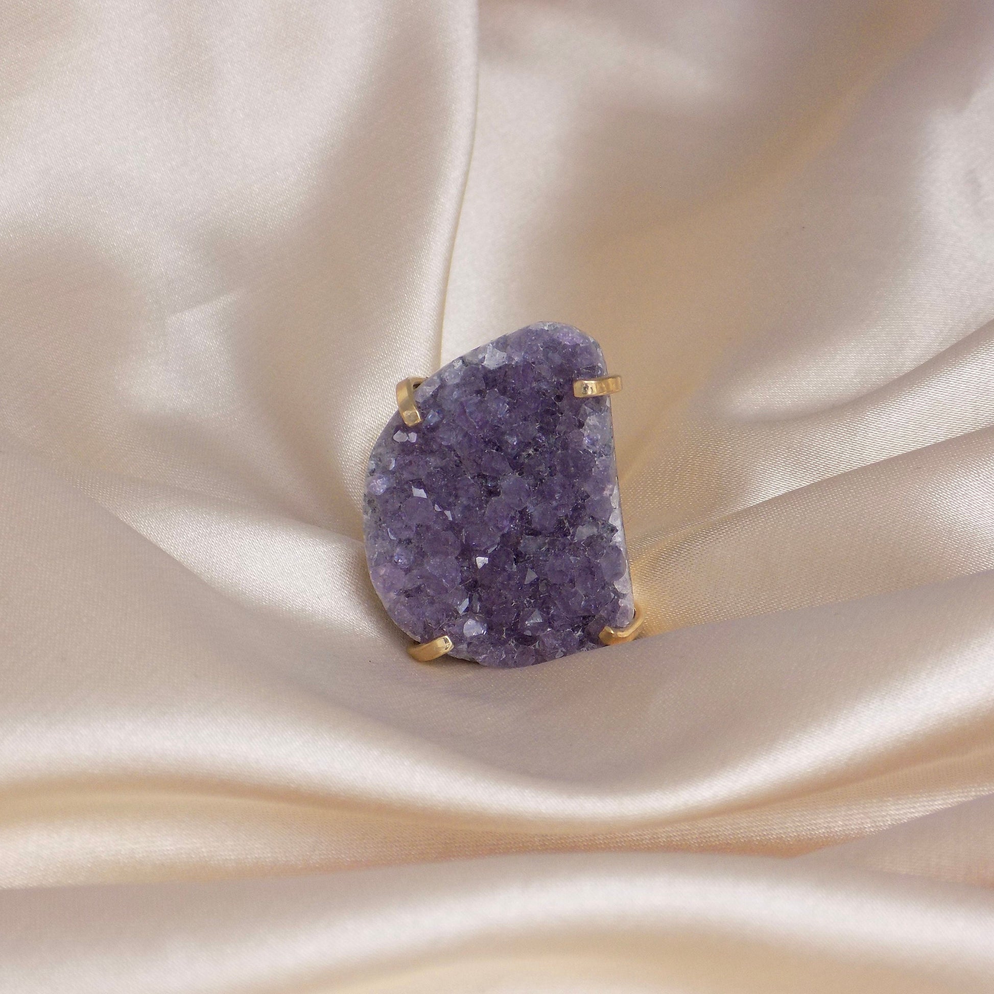 Large Amethyst Ring Gold, Natural Purple Druzy Gemstone, Boho Crystal Cocktail Rings For Women, G15-90