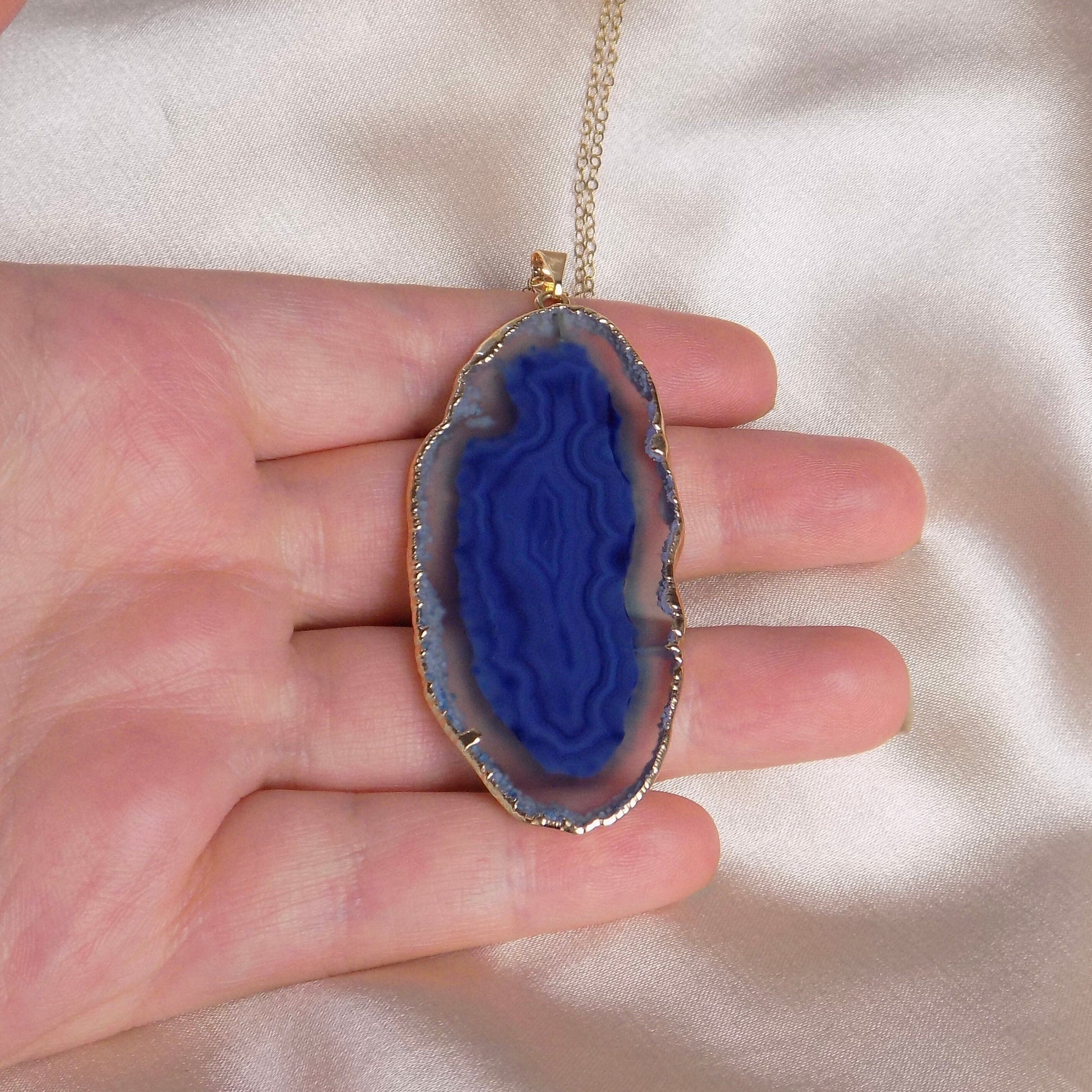 Boho Blue Agate Necklace Gold, Long Slice Geode Pendant, Statement Jewelry For Women, G15-97