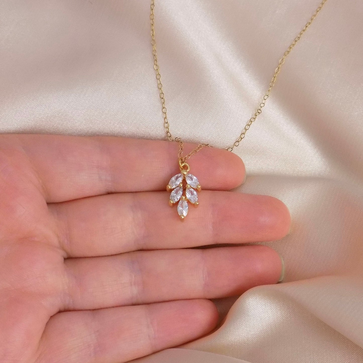Bridal Necklace, Clear Crystal Sparkly Leaf Necklace Gold, Dainty Crystal Jewelry, Gifts For Her, M7-43