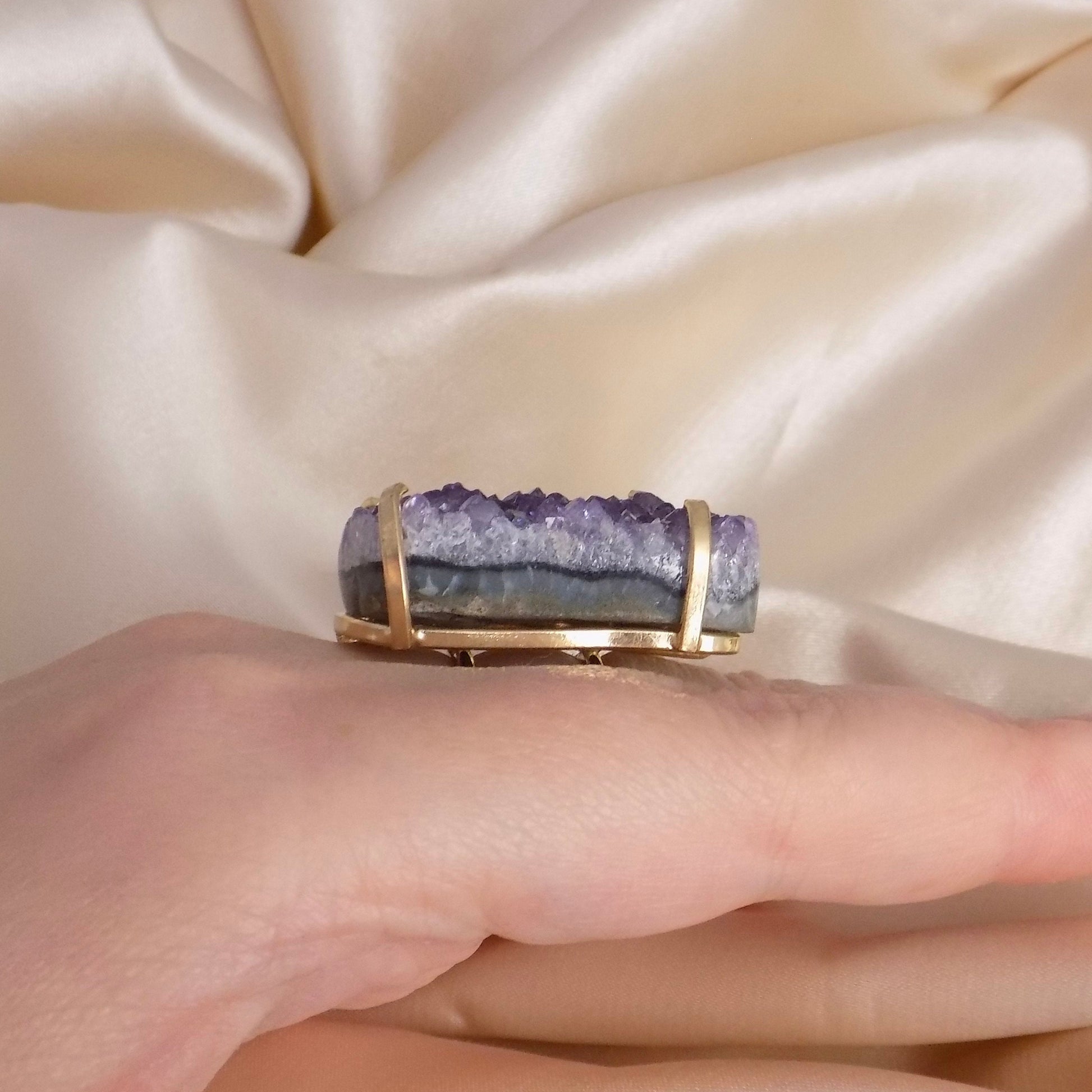 Large Amethyst Ring Gold, Natural Purple Druzy Gemstone, Boho Crystal Cocktail Rings For Women, G15-90
