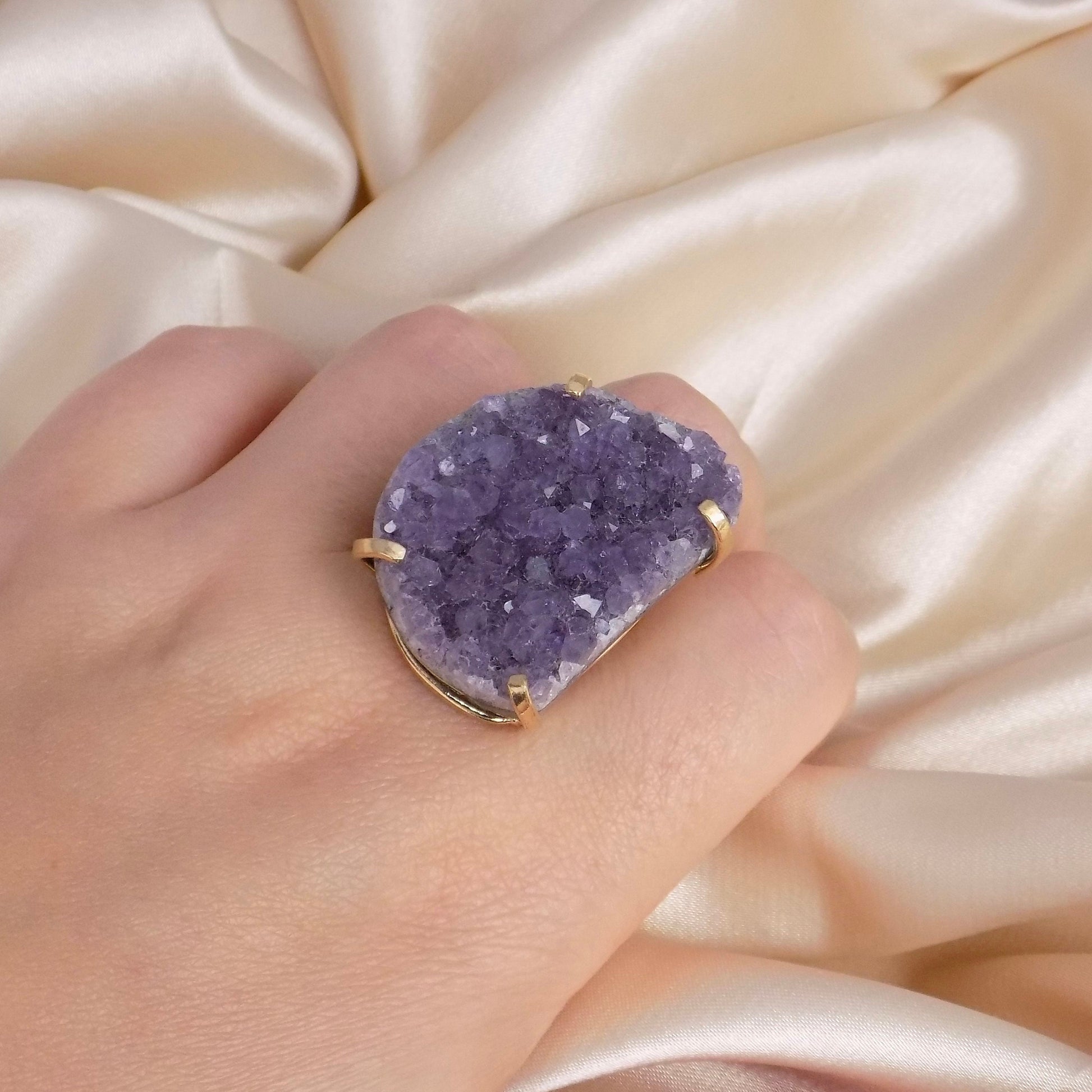 Large Amethyst Ring Gold, Natural Purple Druzy Gemstone, Boho Crystal Cocktail Rings For Women, G15-90
