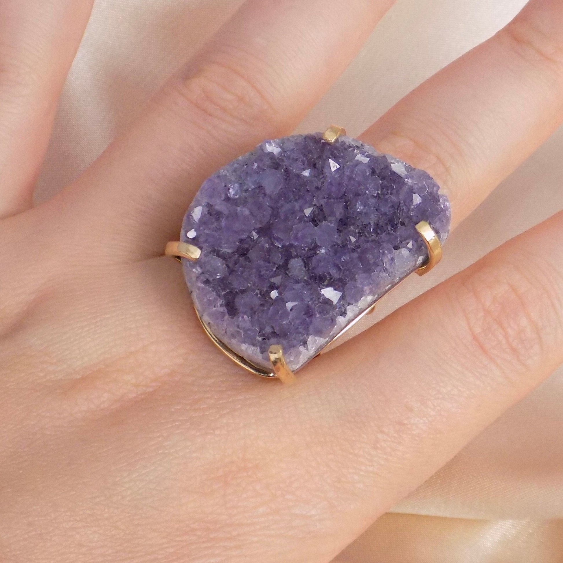 Large Amethyst Ring Gold, Natural Purple Druzy Gemstone, Boho Crystal Cocktail Rings For Women, G15-90