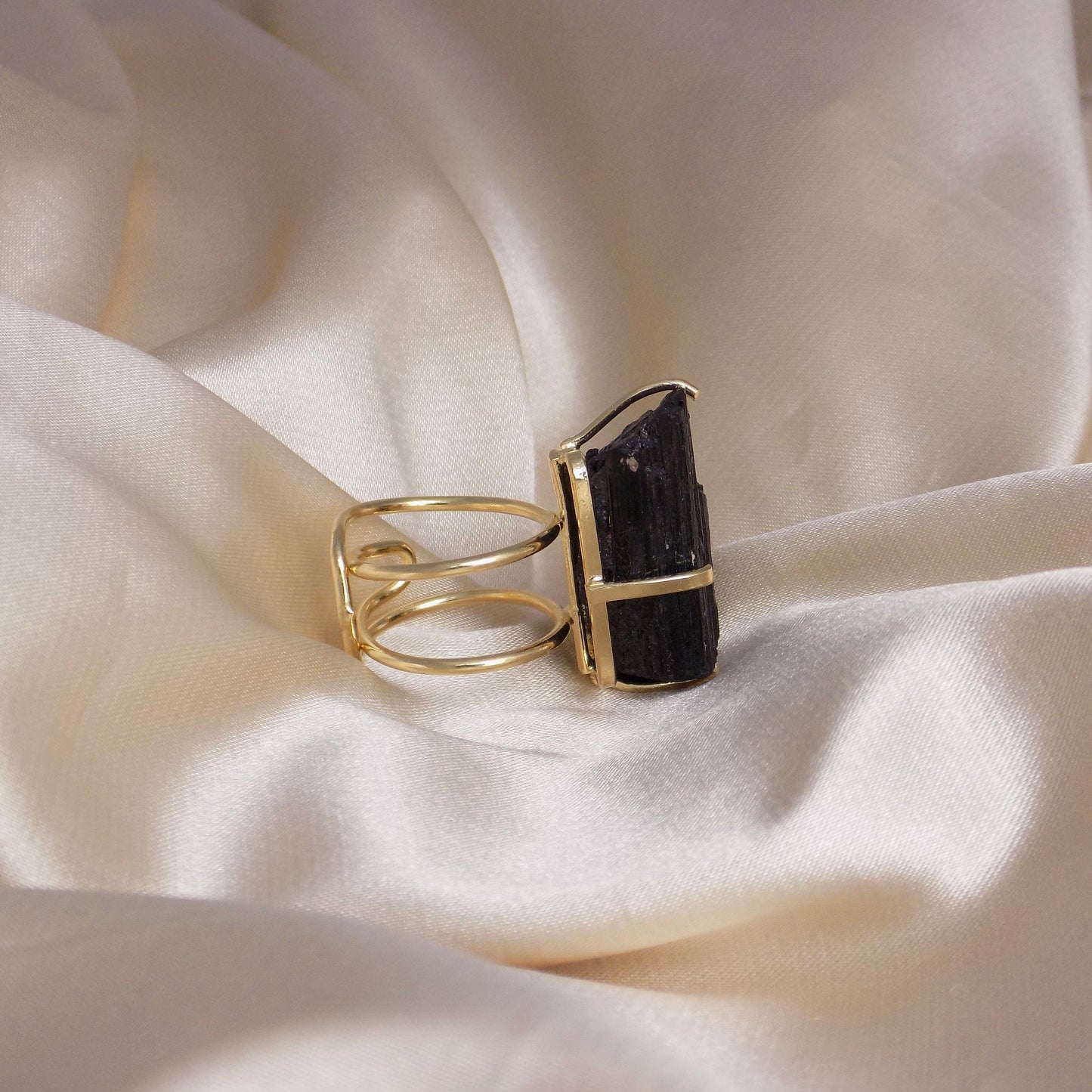 Raw Black Tourmaline Ring Gold Adjustable, Large Black Stone Statement Ring, Gifts For Her, G15-104