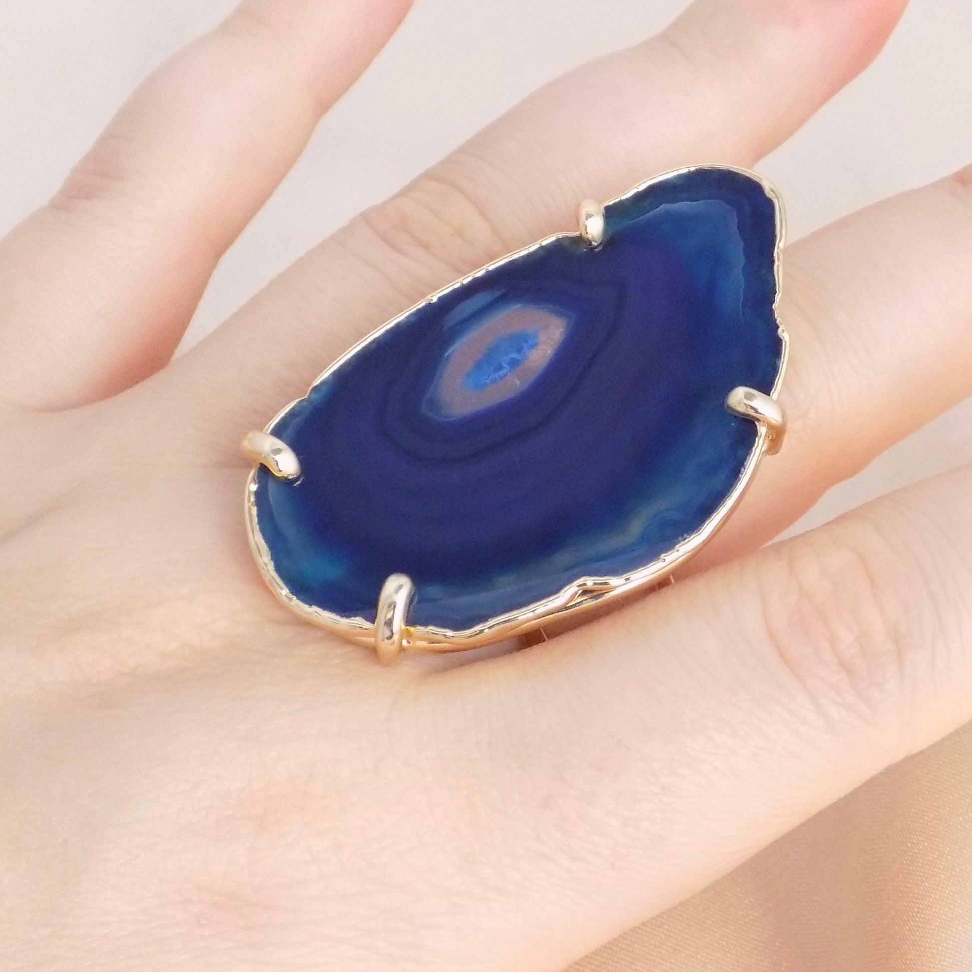 Boho Large Statement Ring - Agate Ring Blue