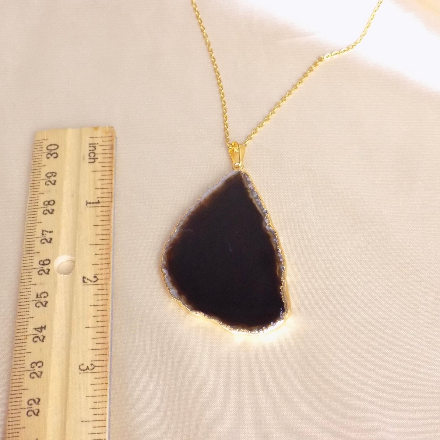 Unique Black Agate Slice Necklace Gold, Long Pendant Necklaces Women's, Gifts For Mom, G15-92