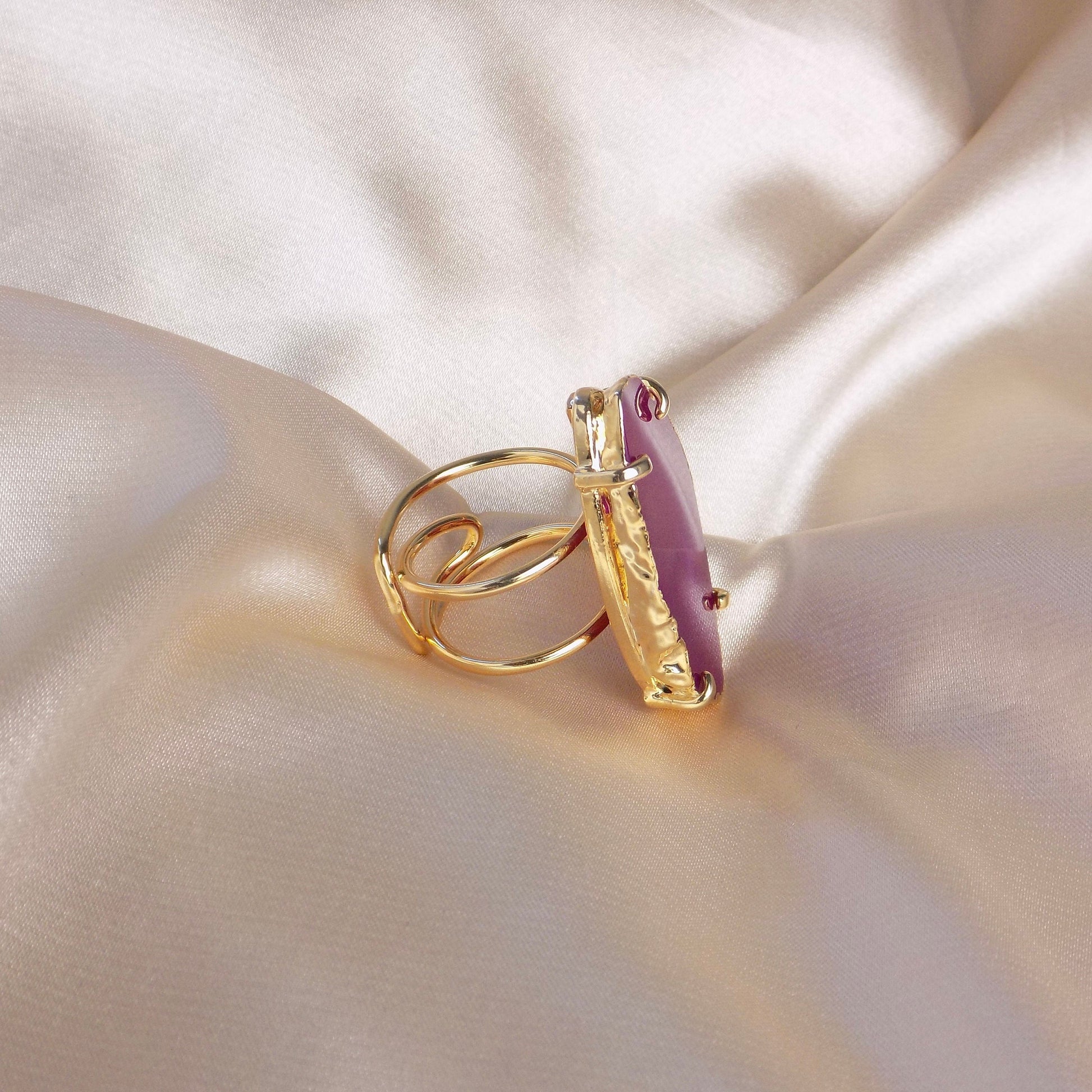 Boho Statement Ring, Hot Pink Agate Ring Gold Plated Adjustable, Geode Slice Ring, Unique Crystal, Christmas Gifts Her, G15-110