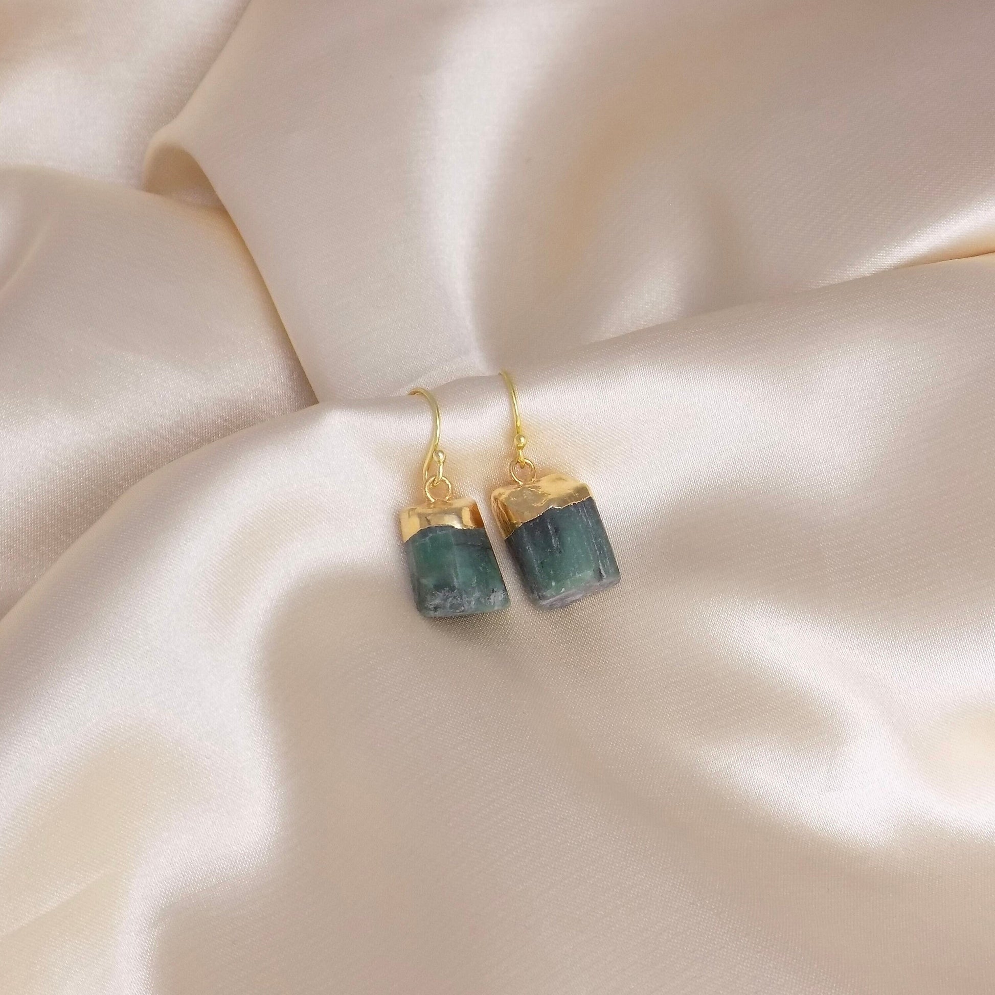 Gifts For Her, Raw Green Emerald Drop Earrings Gold Dipped, Natural Genuine Emerald Jewelry, M7-39