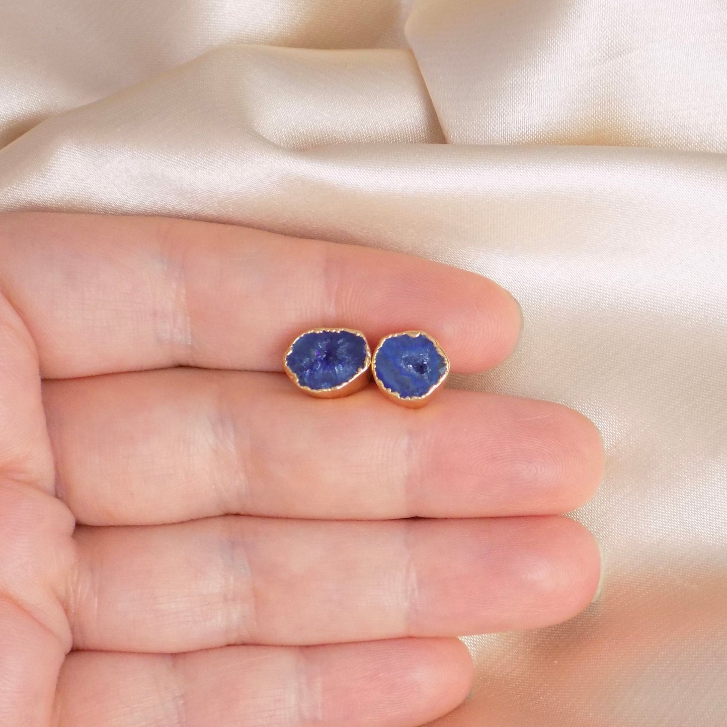 Blue Geode Earrings Stud, Gold Dipped Agate Studs, Mothers Day Gift For Her, G15-93