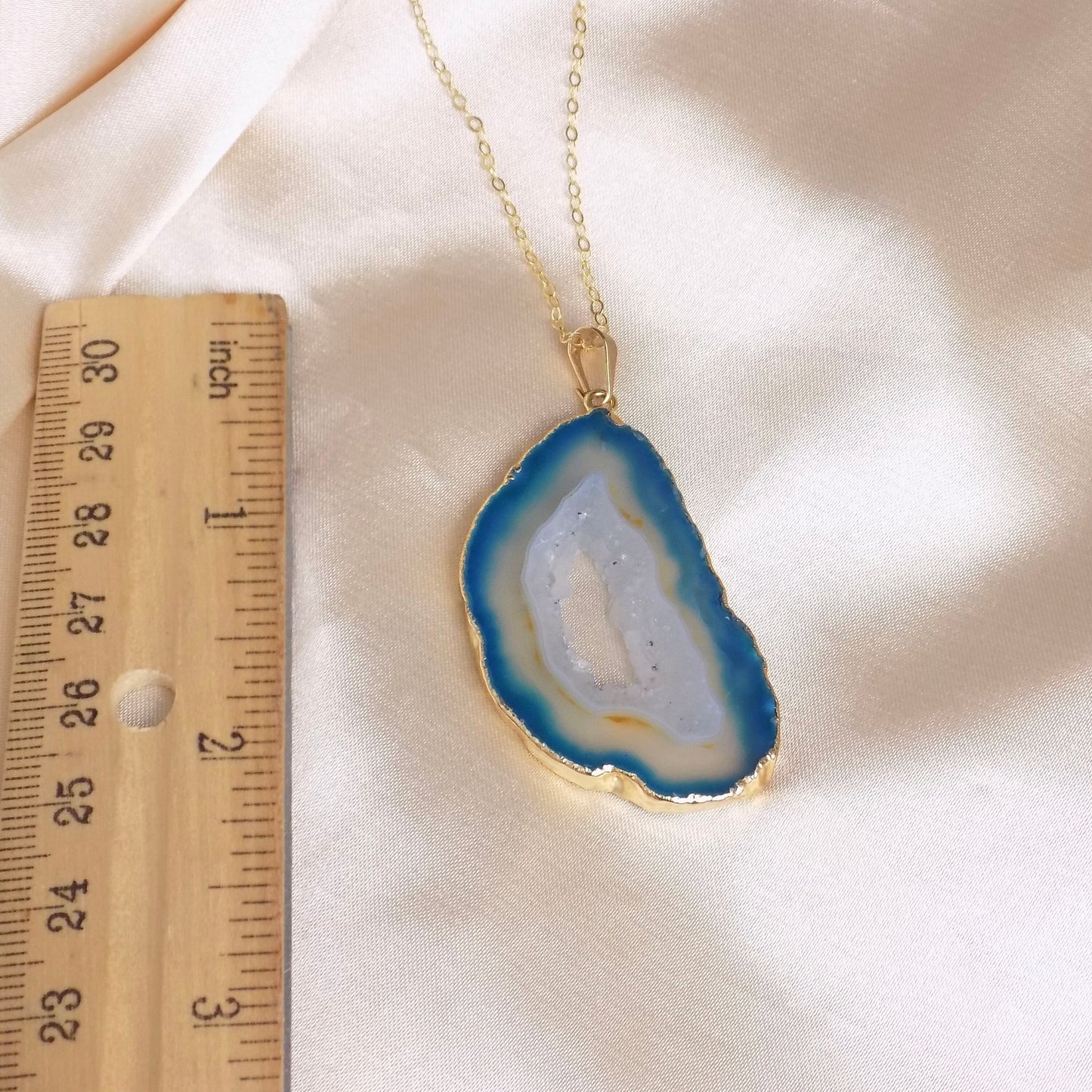 Gifts For Her, Teal Blue Statement Natural Geode Necklace Gold, Genuine Druzy, Long Agate Slice Pendant, G15-114