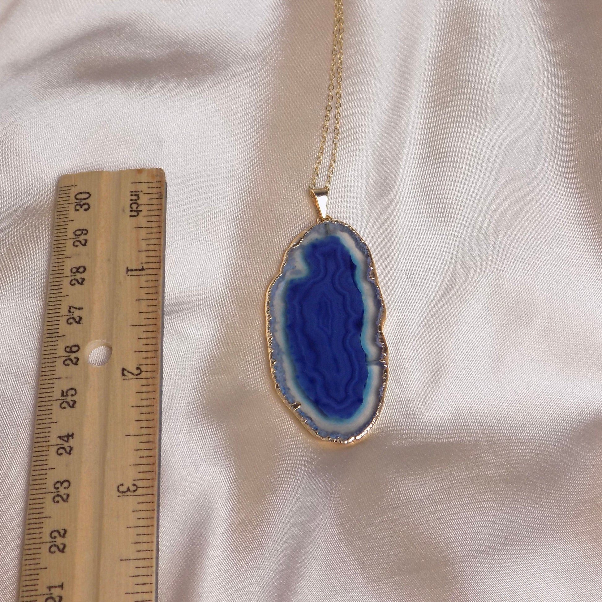 Boho Blue Agate Necklace Gold, Long Slice Geode Pendant, Statement Jewelry For Women, G15-97