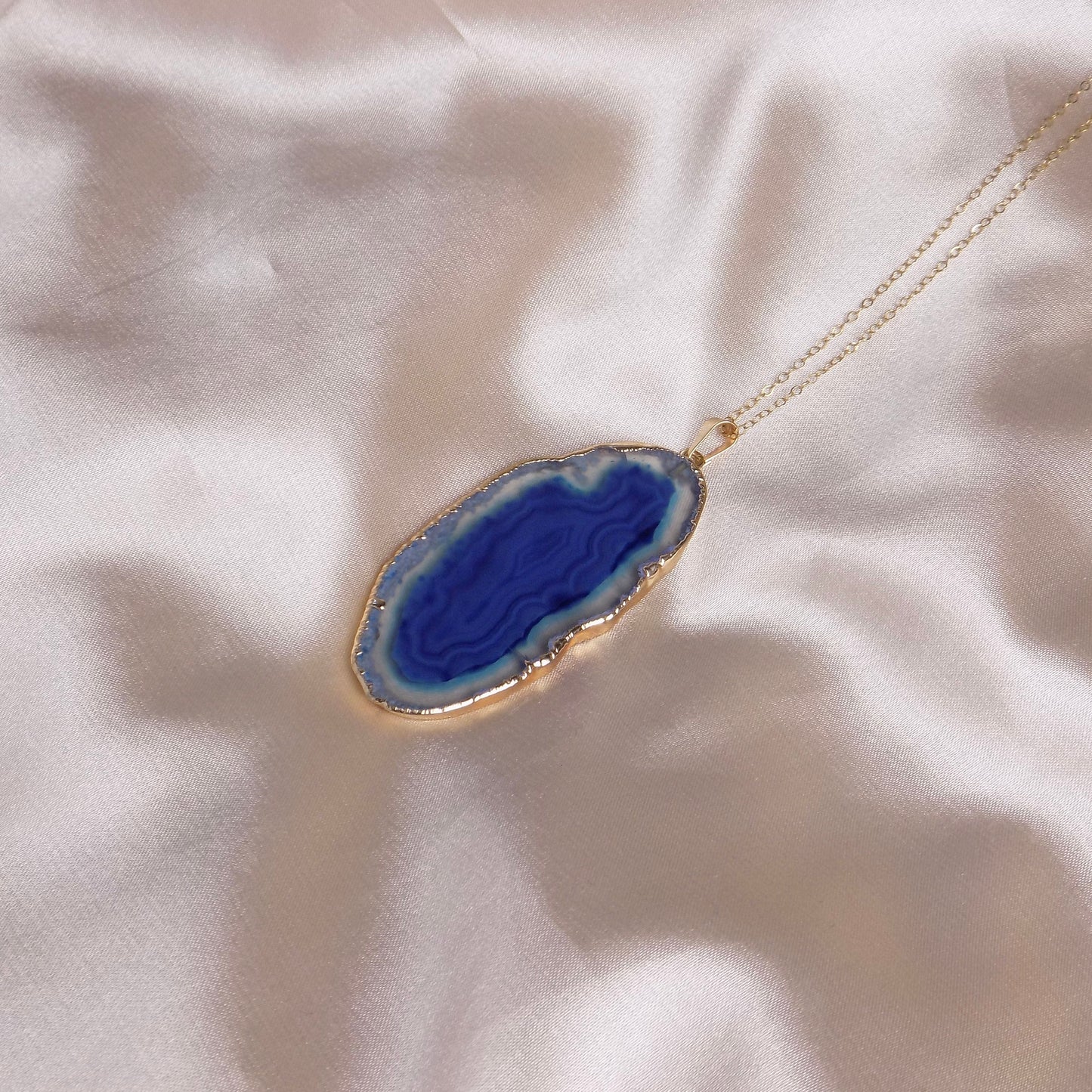 Boho Blue Agate Necklace Gold, Long Slice Geode Pendant, Statement Jewelry For Women, G15-97