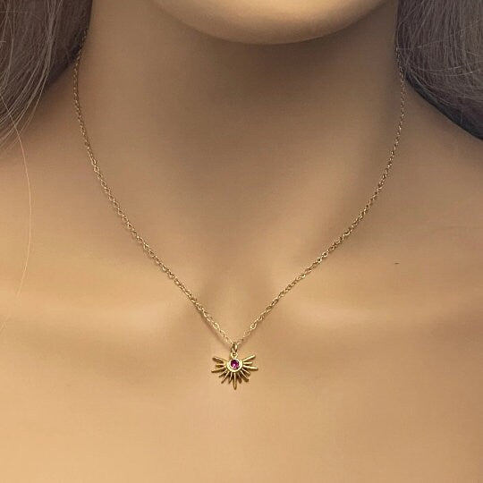 Gold Sun Burst Charm Necklace Gold With Pink Ruby Cubic Zirconia Crystals, L4-53
