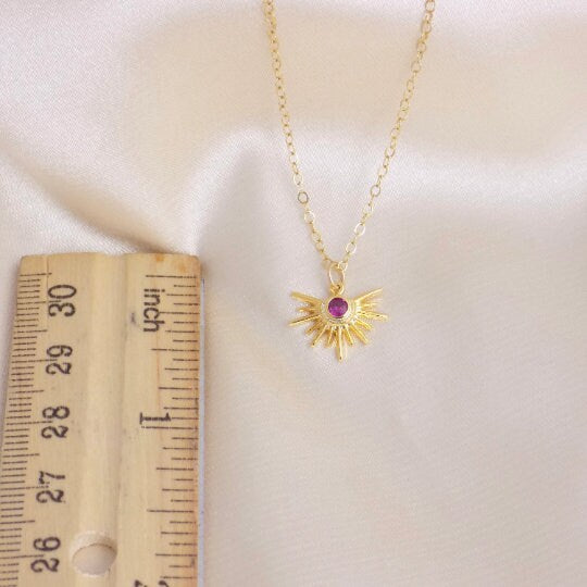 Gold Sun Burst Charm Necklace Gold With Pink Ruby Cubic Zirconia Crystals, L4-53