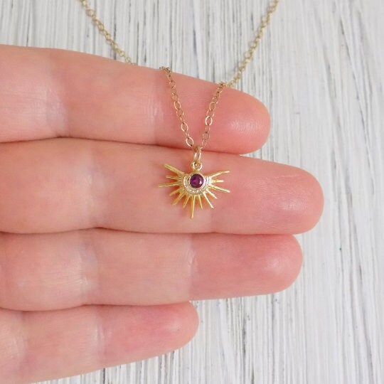 Gold Sun Burst Charm Necklace Gold With Pink Ruby Cubic Zirconia Crystals, L4-53