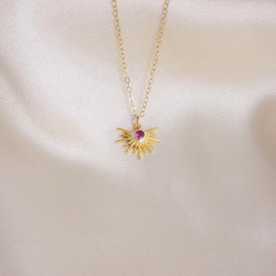 Gold Sun Burst Charm Necklace Gold With Pink Ruby Cubic Zirconia Crystals, L4-53