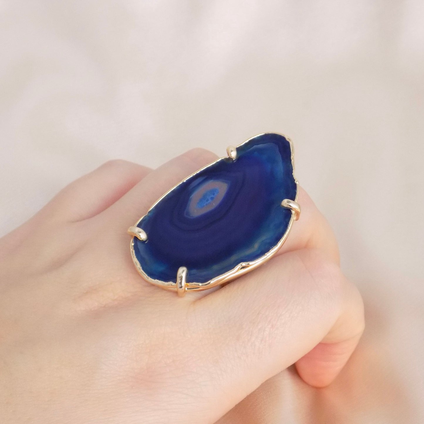 Boho Large Statement Ring - Agate Ring Blue