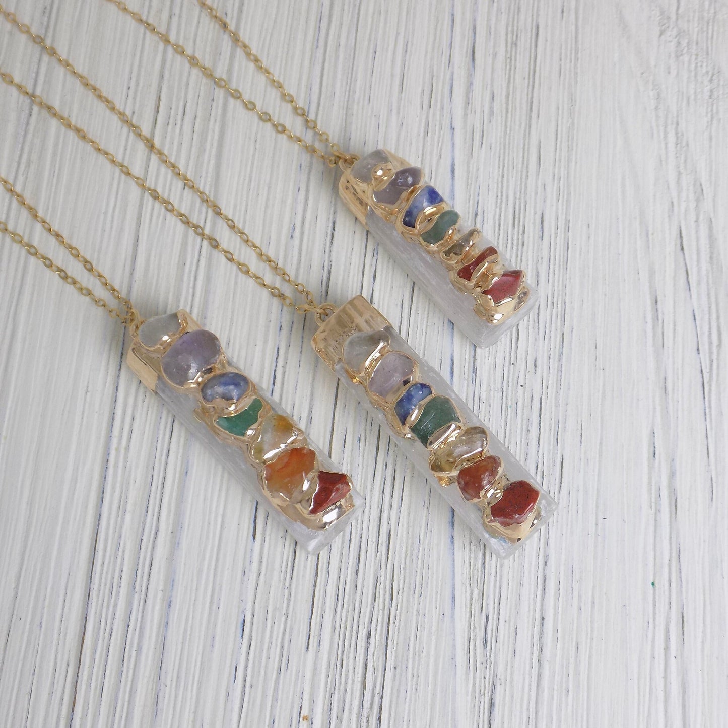 Gold Chakra Necklace, 7 Chakra Necklace, Raw Crystal Necklace Selenite Healing Crystals Yoga Jewelry Boho Necklace Long Unique Gifts G13-122