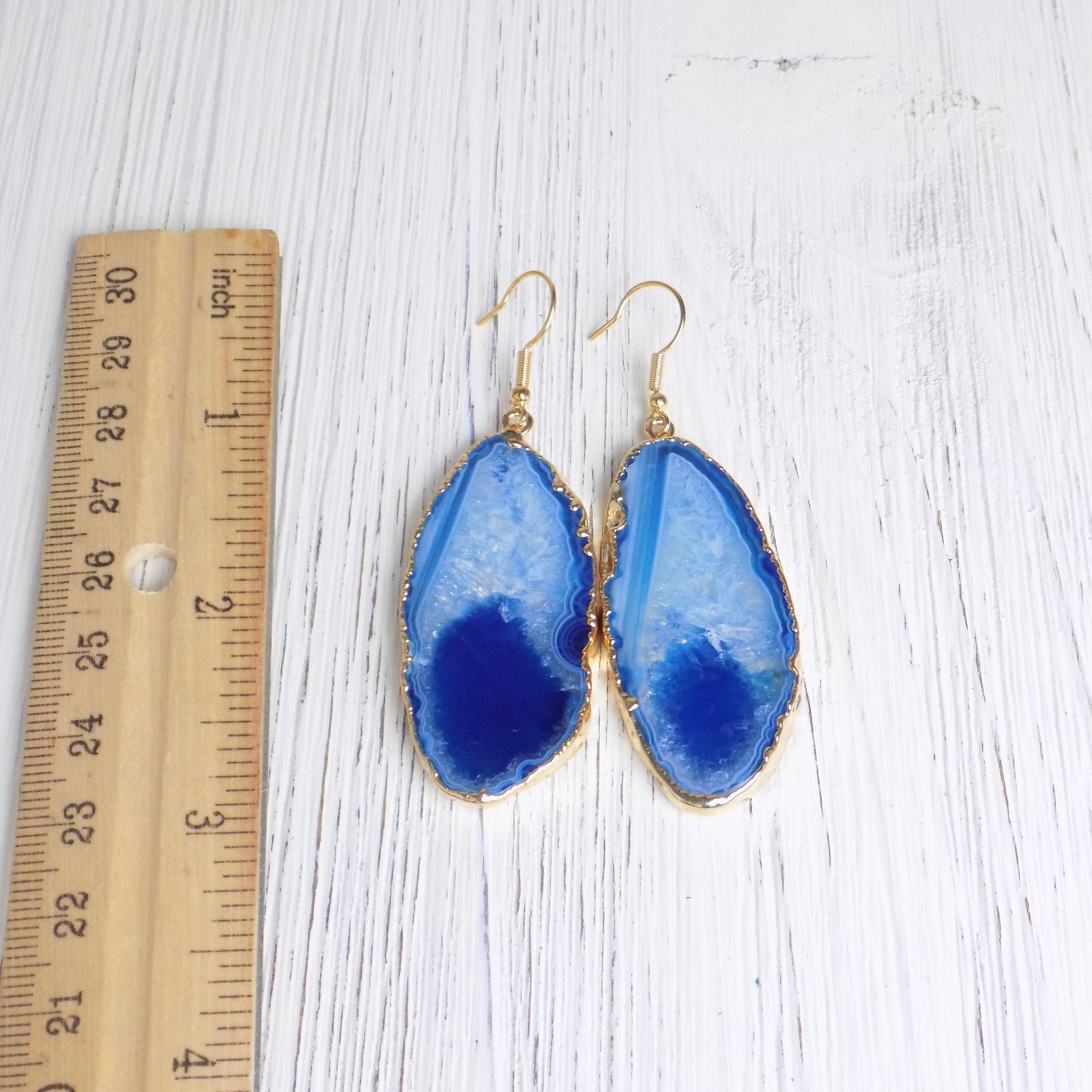 Large Agate Earrings Gold - Blue Statement Slice Earring