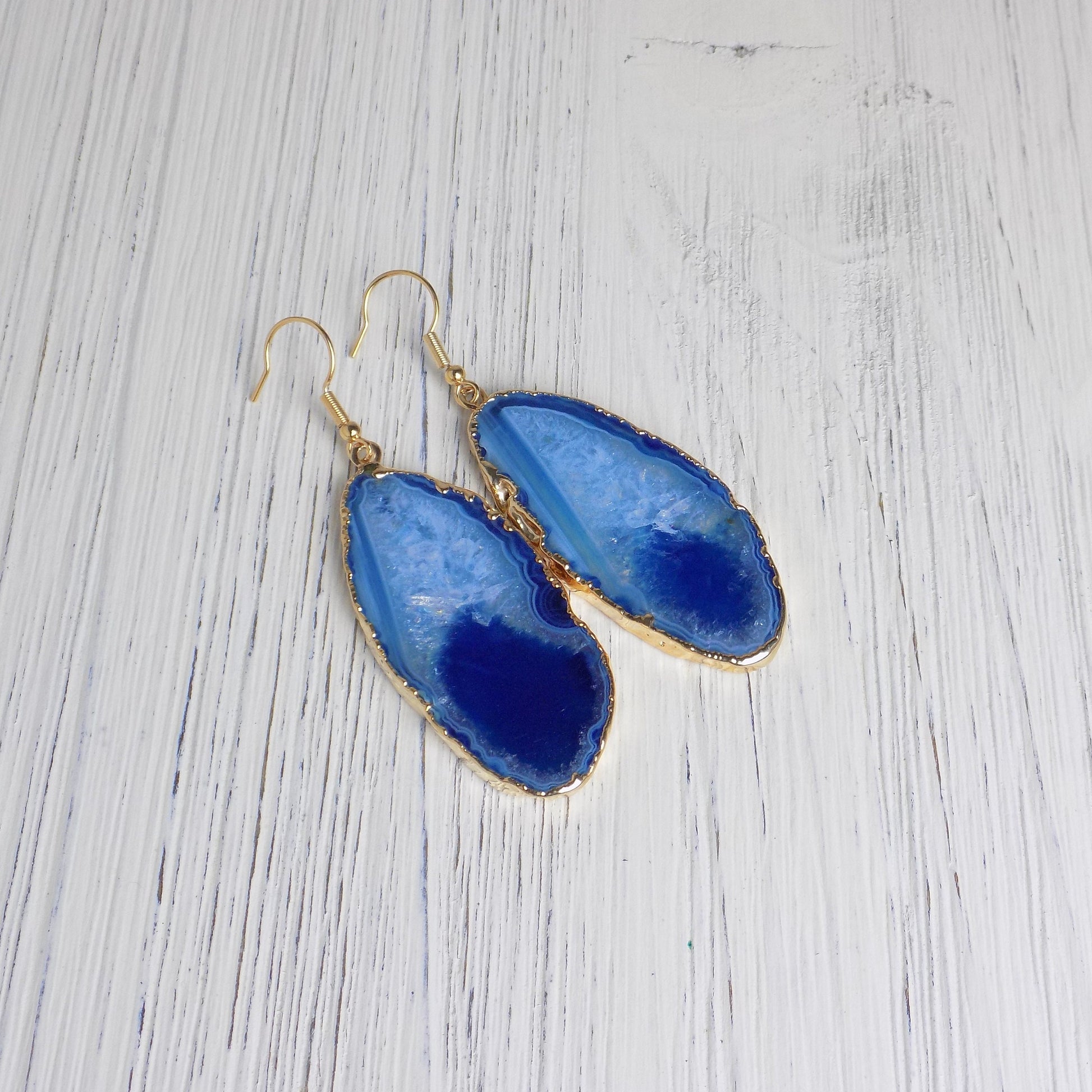 Large Agate Earrings Gold - Blue Statement Slice Earring
