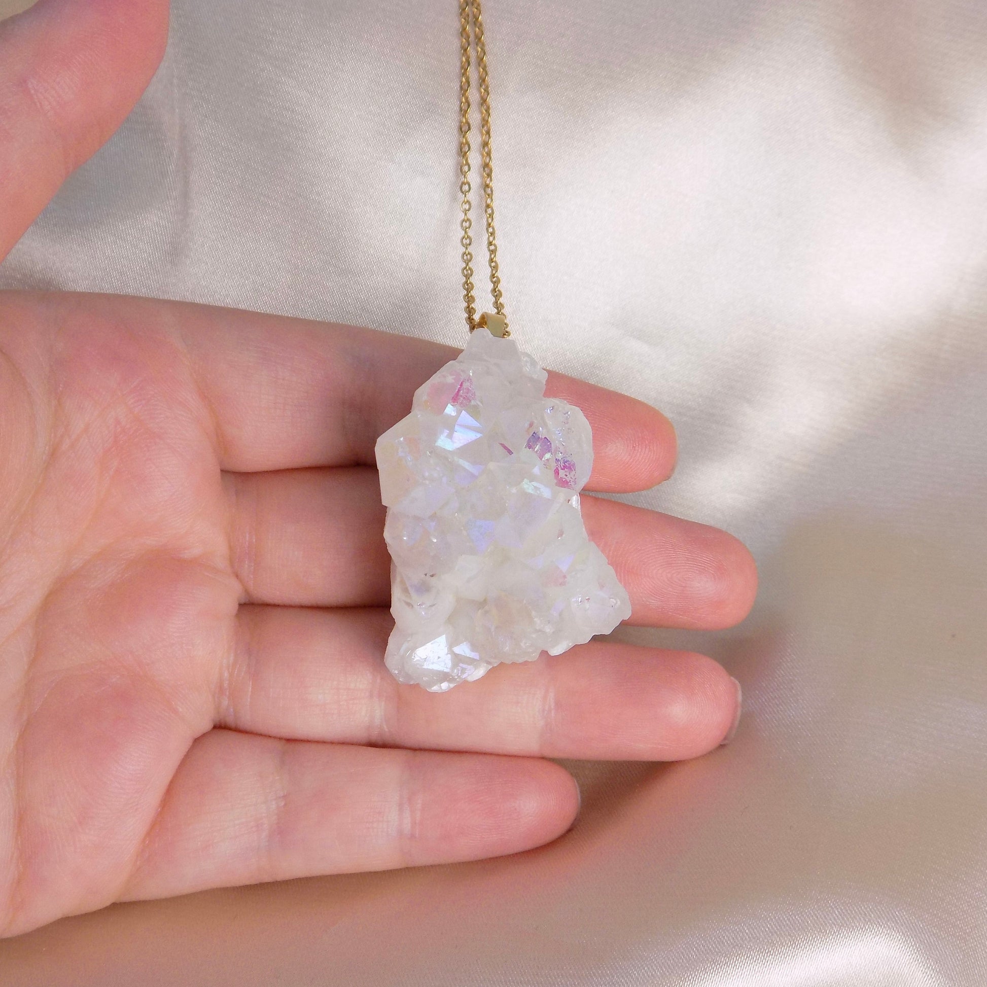 Angel Aura Cluster Necklace, Extra Large Iridescent White Druzy Pendant Necklace Gold, Gift For Mom, M7-46