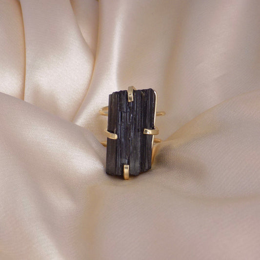 Unique Boho Crystal Ring, Black Tourmaline Ring Adjustable, Raw Black Crystal Statement Jewelry, Healing Crystal Gift, G15-109