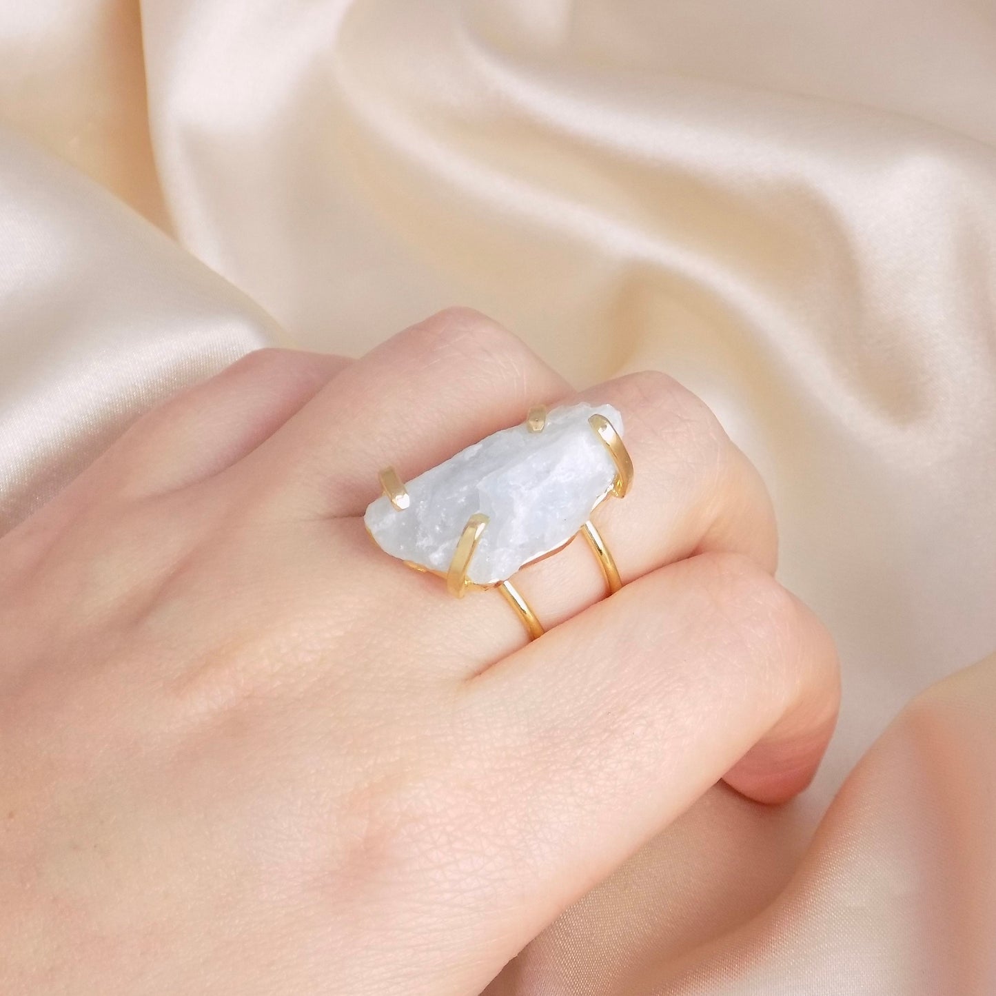 Raw Natural Aquamarine Light Blue Gemstone Crystal Ring Gold Plated Adjustable Band, G14-819