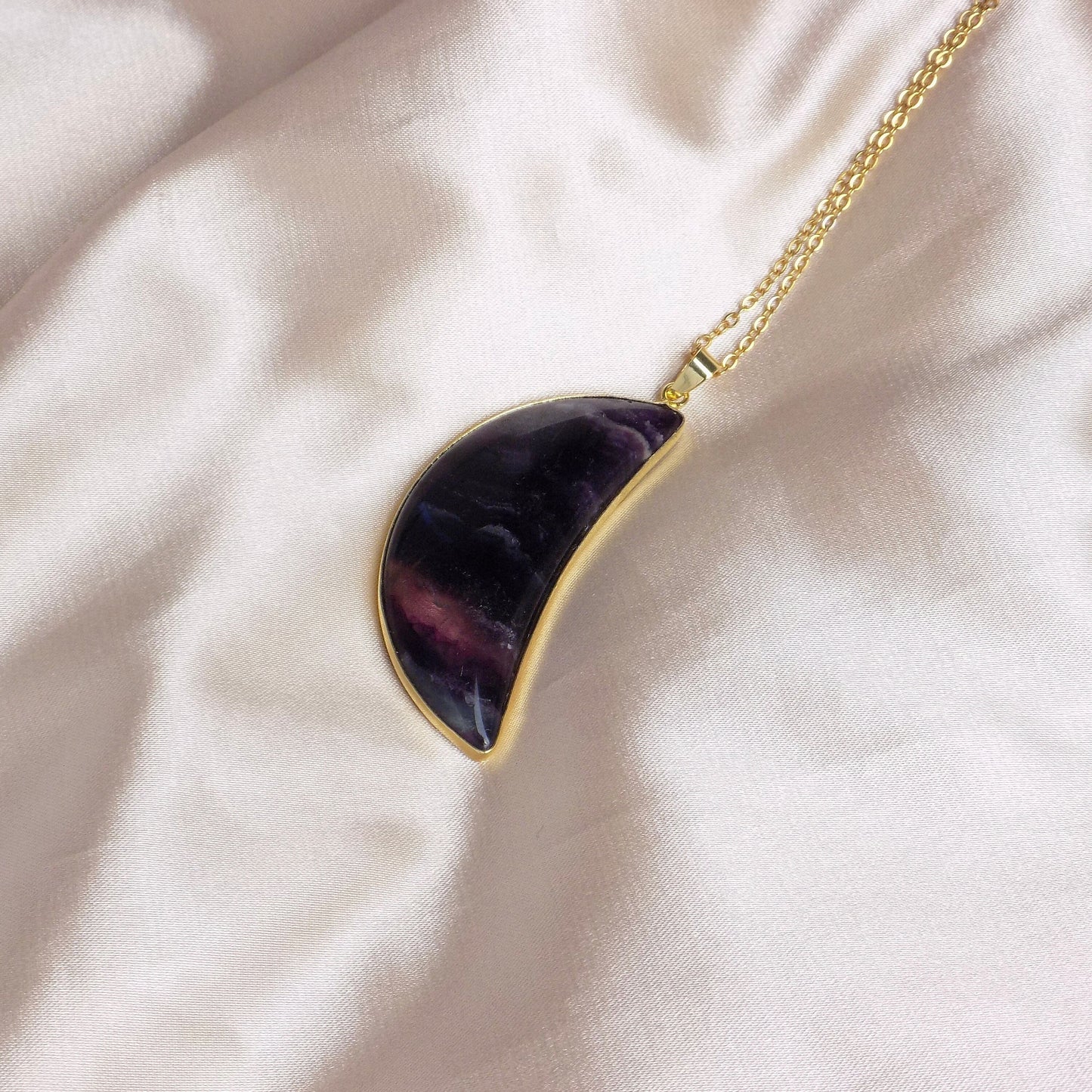 Multicolor Fluorite Necklace Gold, Large Crescent Moon Necklace Boho Layer, Gift Women, M7-57
