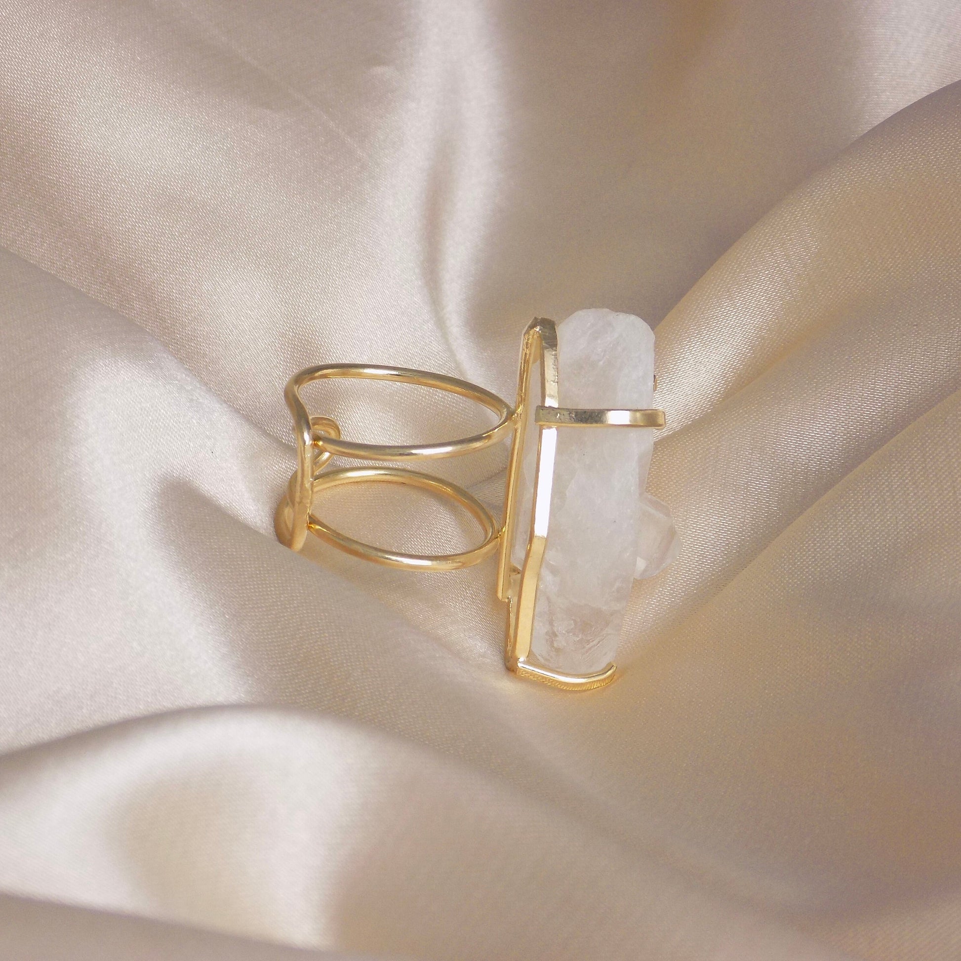 Raw Crystal Ring, Large Statement Clear Crystal Quartz Ring Gold Plated Adjustable, G15-112