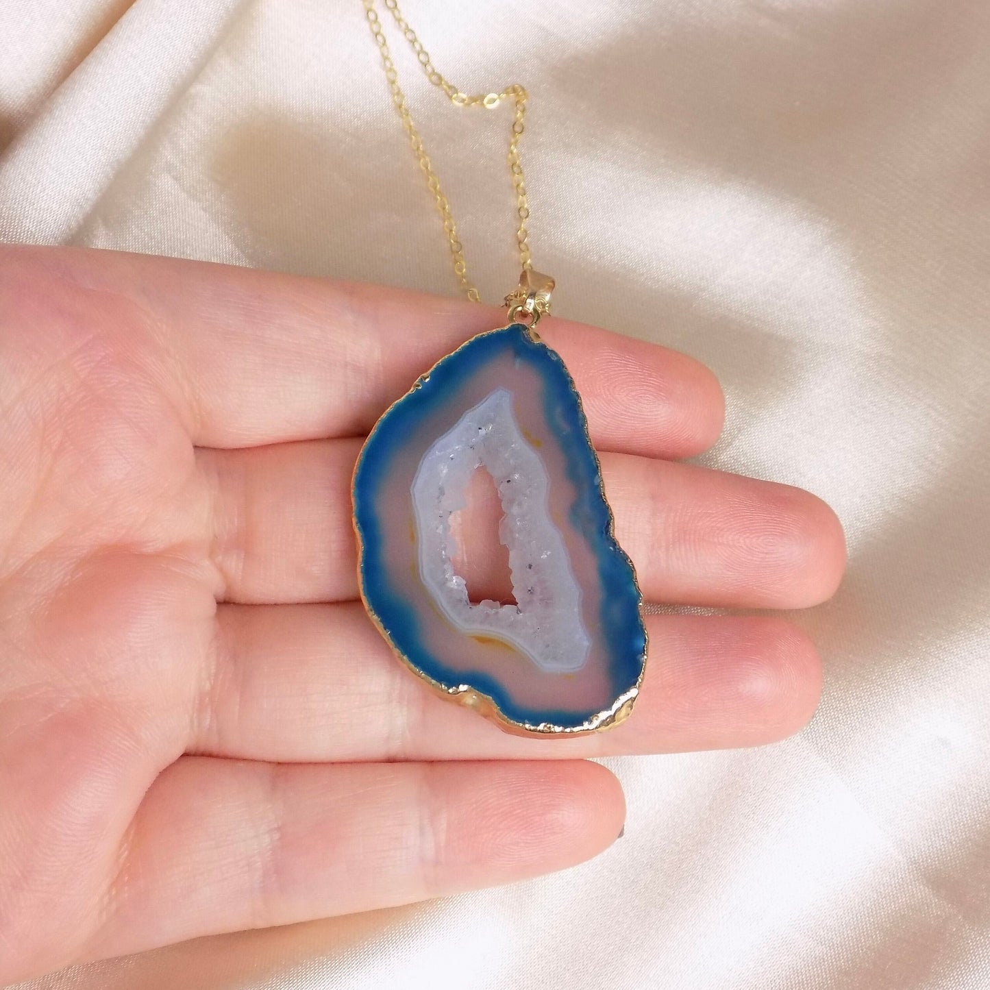Gifts For Her, Teal Blue Statement Natural Geode Necklace Gold, Genuine Druzy, Long Agate Slice Pendant, G15-114