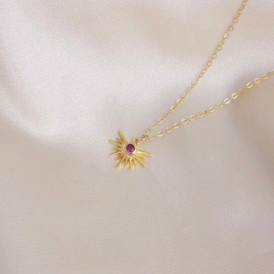 Gold Sun Burst Charm Necklace Gold With Pink Ruby Cubic Zirconia Crystals, L4-53