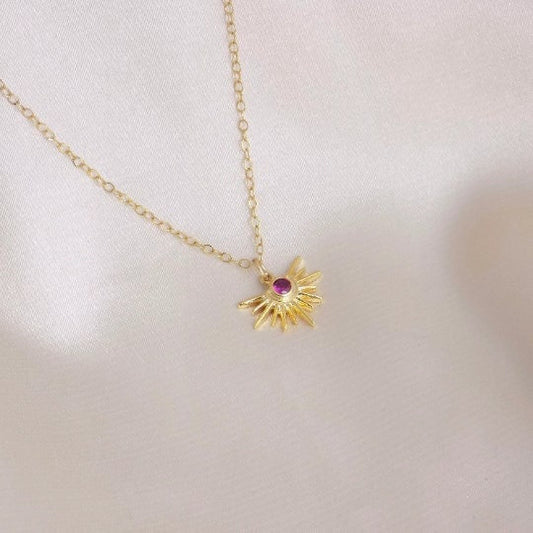 Gold Sun Burst Charm Necklace Gold With Pink Ruby Cubic Zirconia Crystals, L4-53