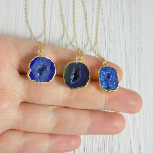 Small Geode Necklace Gold, Blue Geode Cave Pendant Druzy, Raw Natural Stone, Christmas Gift For Daughter, G9-1368