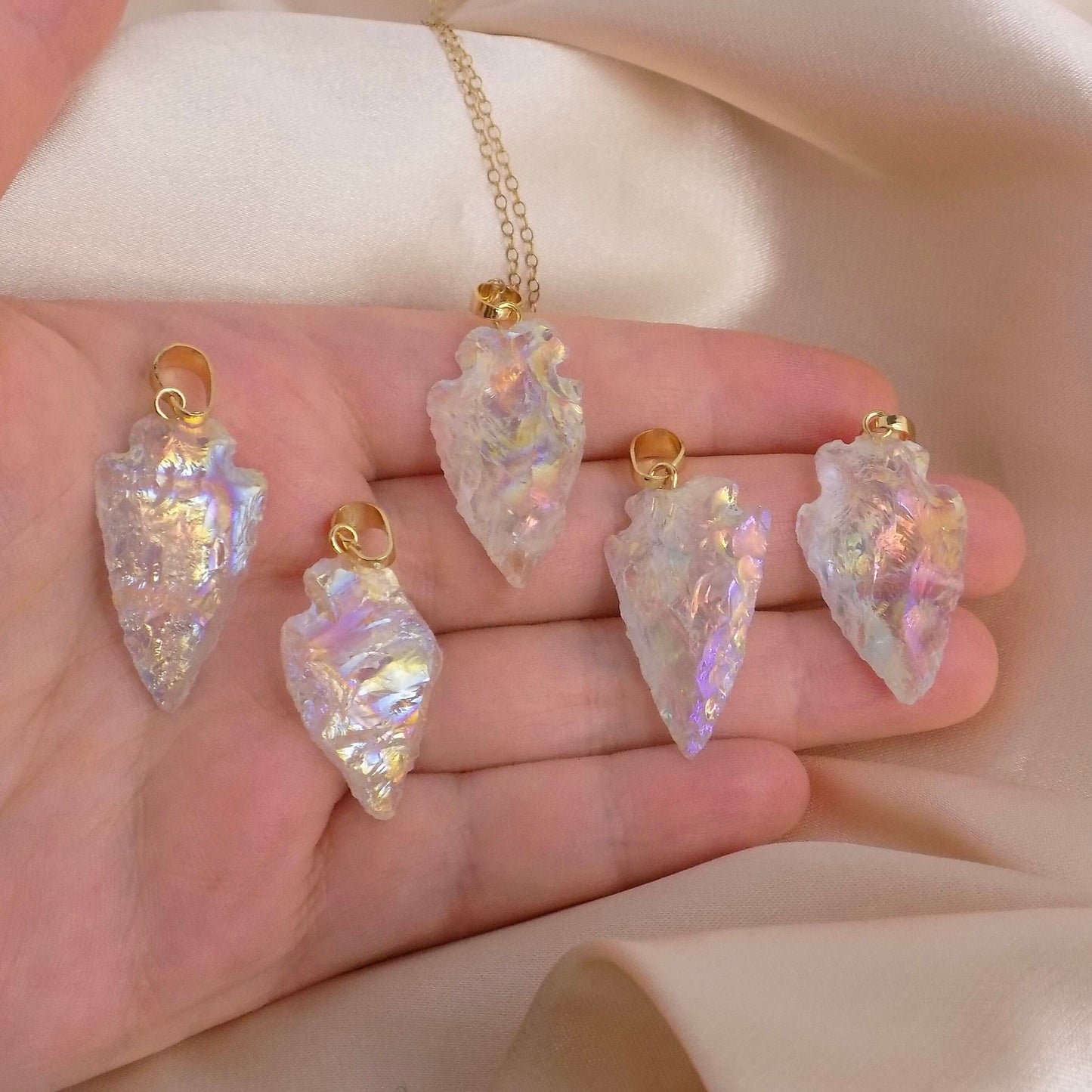 Angel Aura Quartz Necklace, Iridescent Arrowhead Pendant Necklace Gold, Gift For Her, G14-803