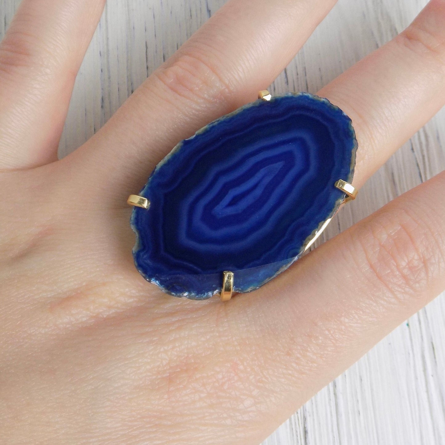 Raw Large Blue Agate Ring Gold Adjustable, Sliced Geode Cocktail Rings, Boho Crystal Statement Jewelry, G13-432