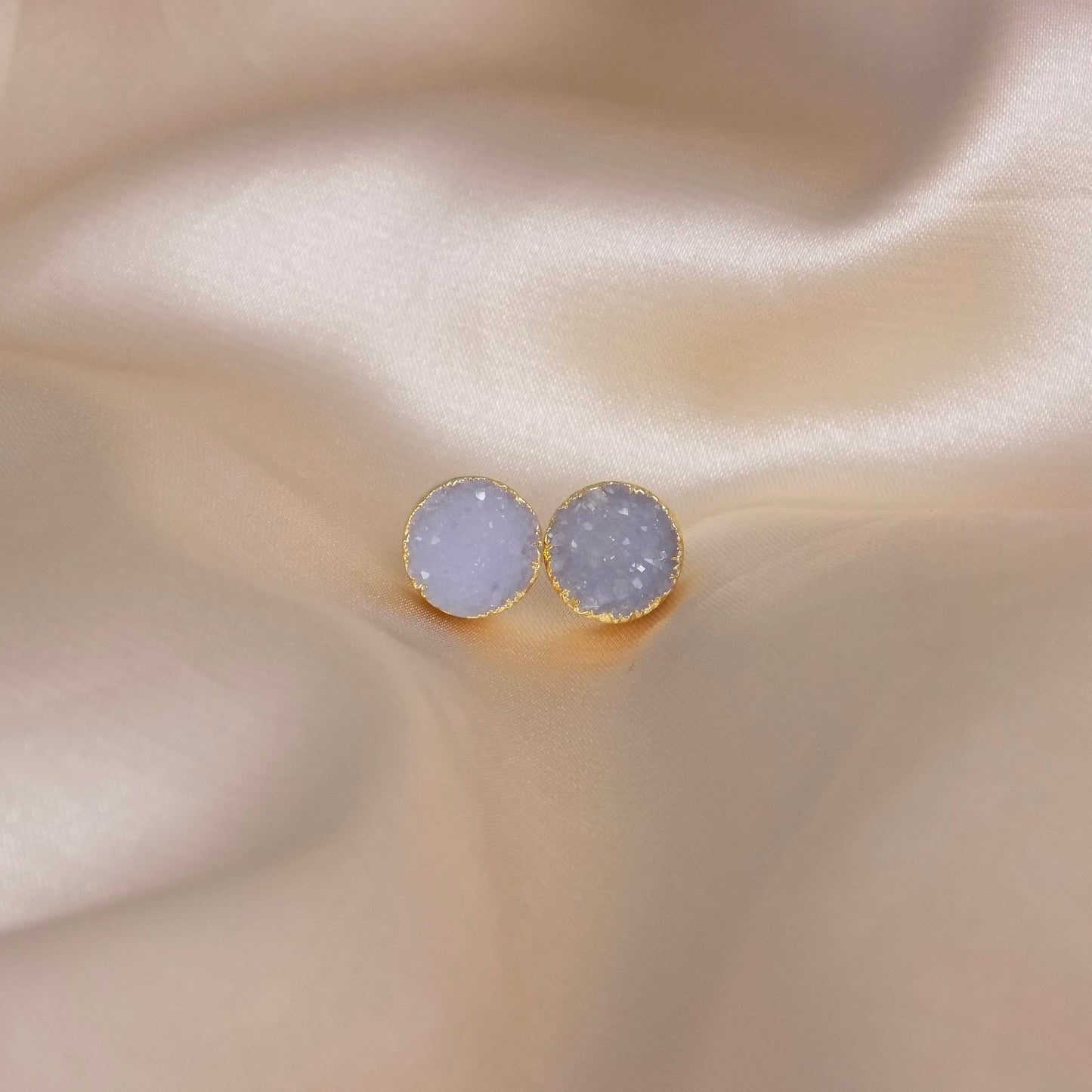 Gray Druzy Earrings Stud, Genuine Druzy Posts Gold, 10mm Raw Gemstone, Gift Women, M6-750