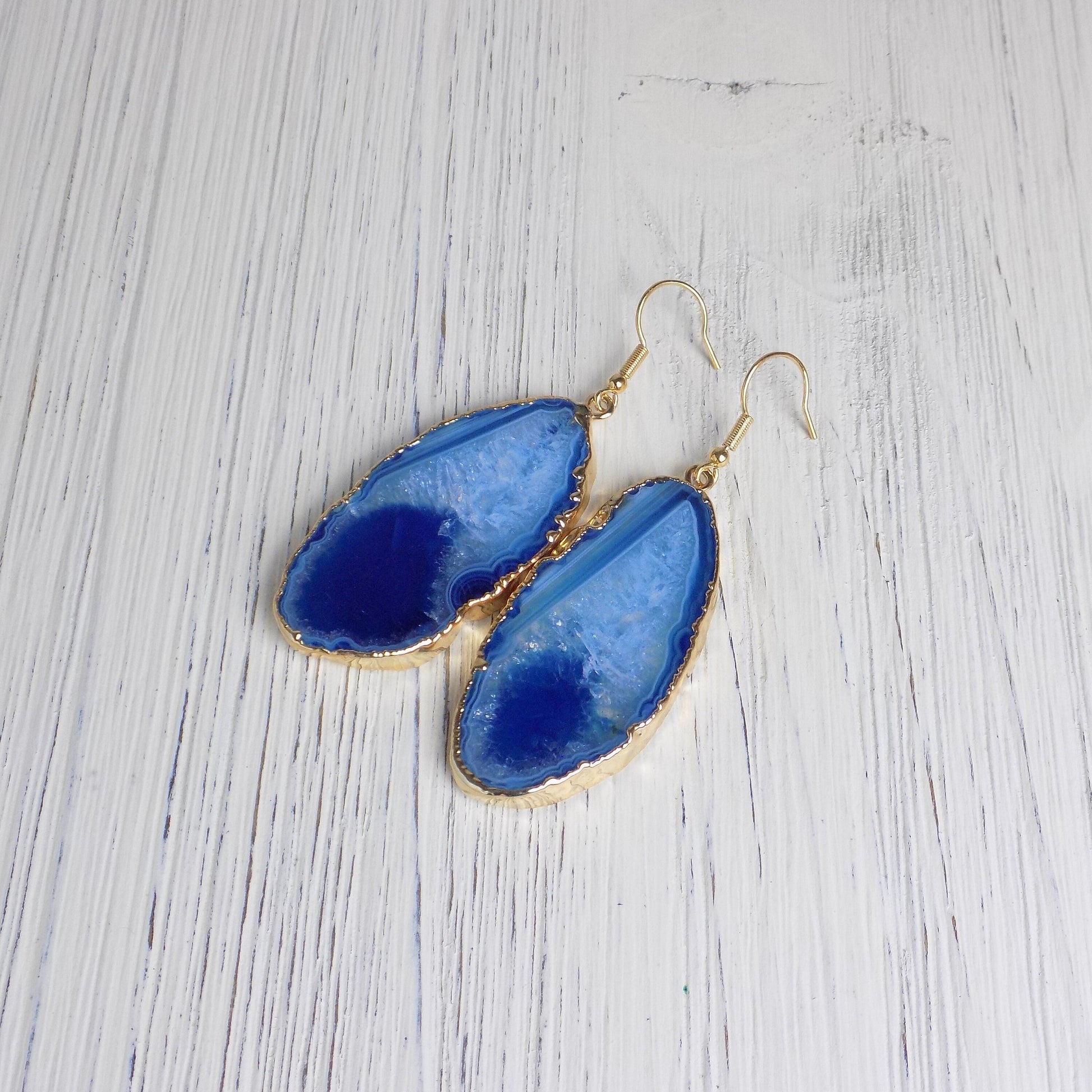 Large Agate Earrings Gold - Blue Statement Slice Earring
