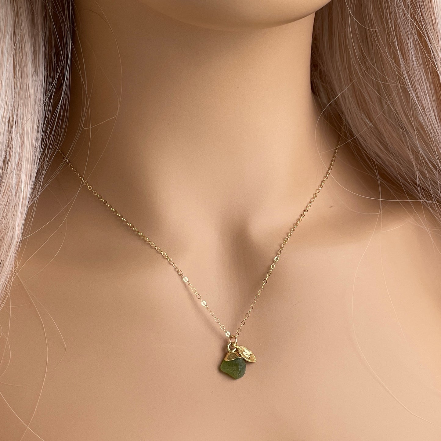 August Birthstone Tiny Raw Peridot Necklace Gold with Personalized Initial Charm, M6-722