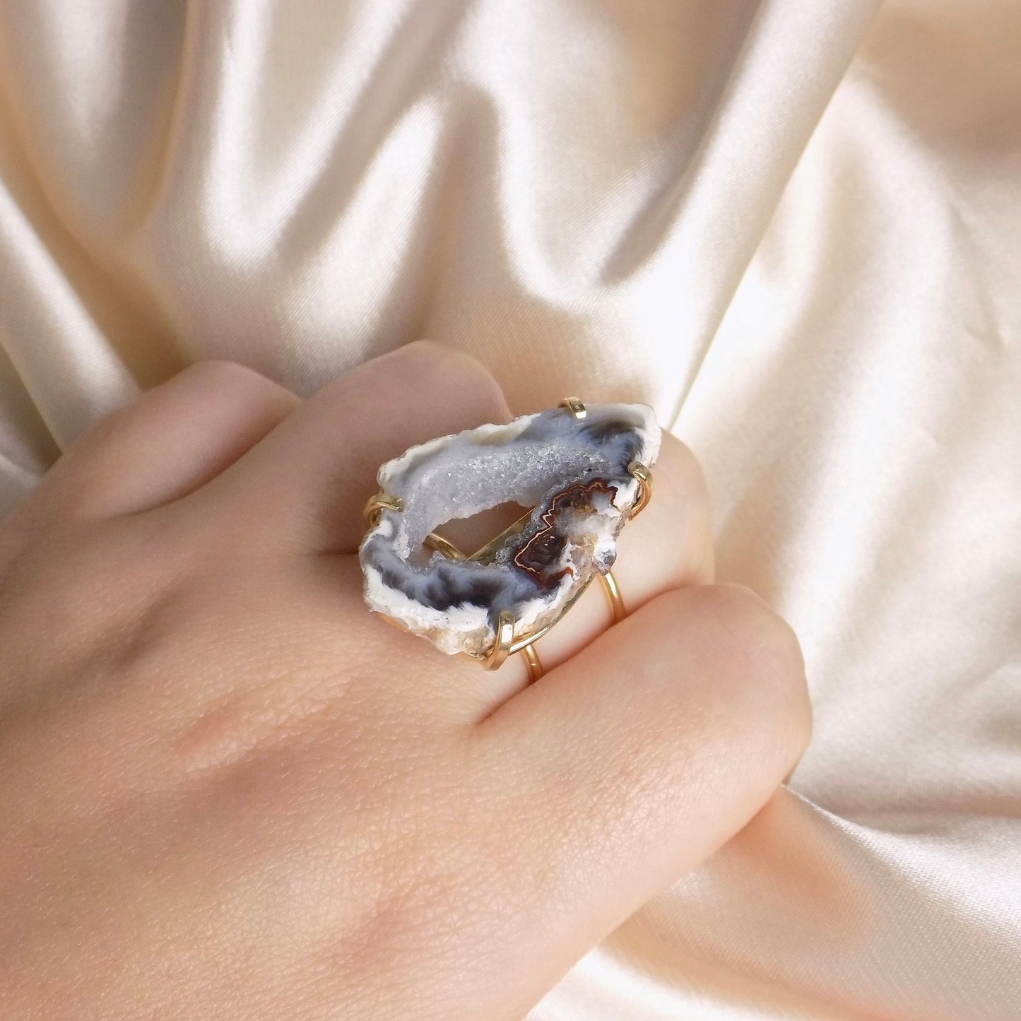 Adjustable Gray Geode Agate Slice Ring For Women, G15-123