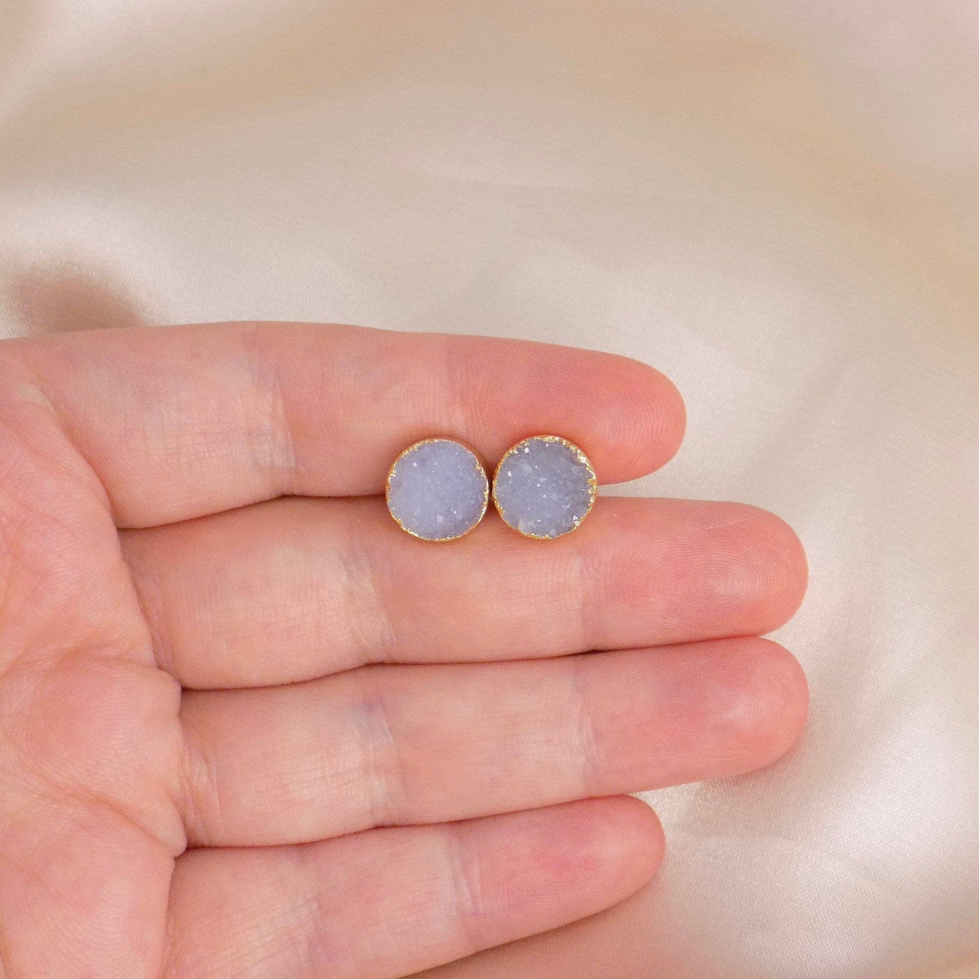 Gray Druzy Earrings Stud, Genuine Druzy Posts Gold, 10mm Raw Gemstone, Gift Women, M6-750